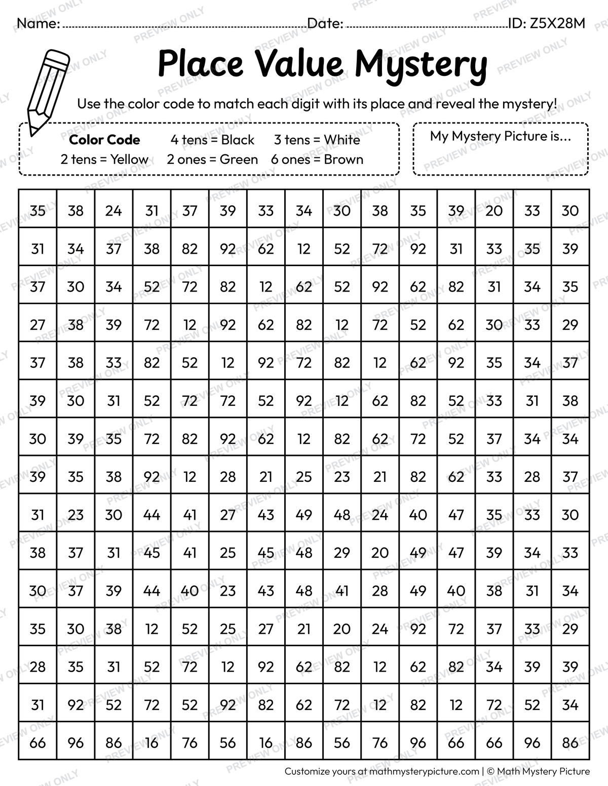 St. Patrick's Day Leprechaun Hat 2-digit Place Value Math Mystery Picture Coloring Worksheet