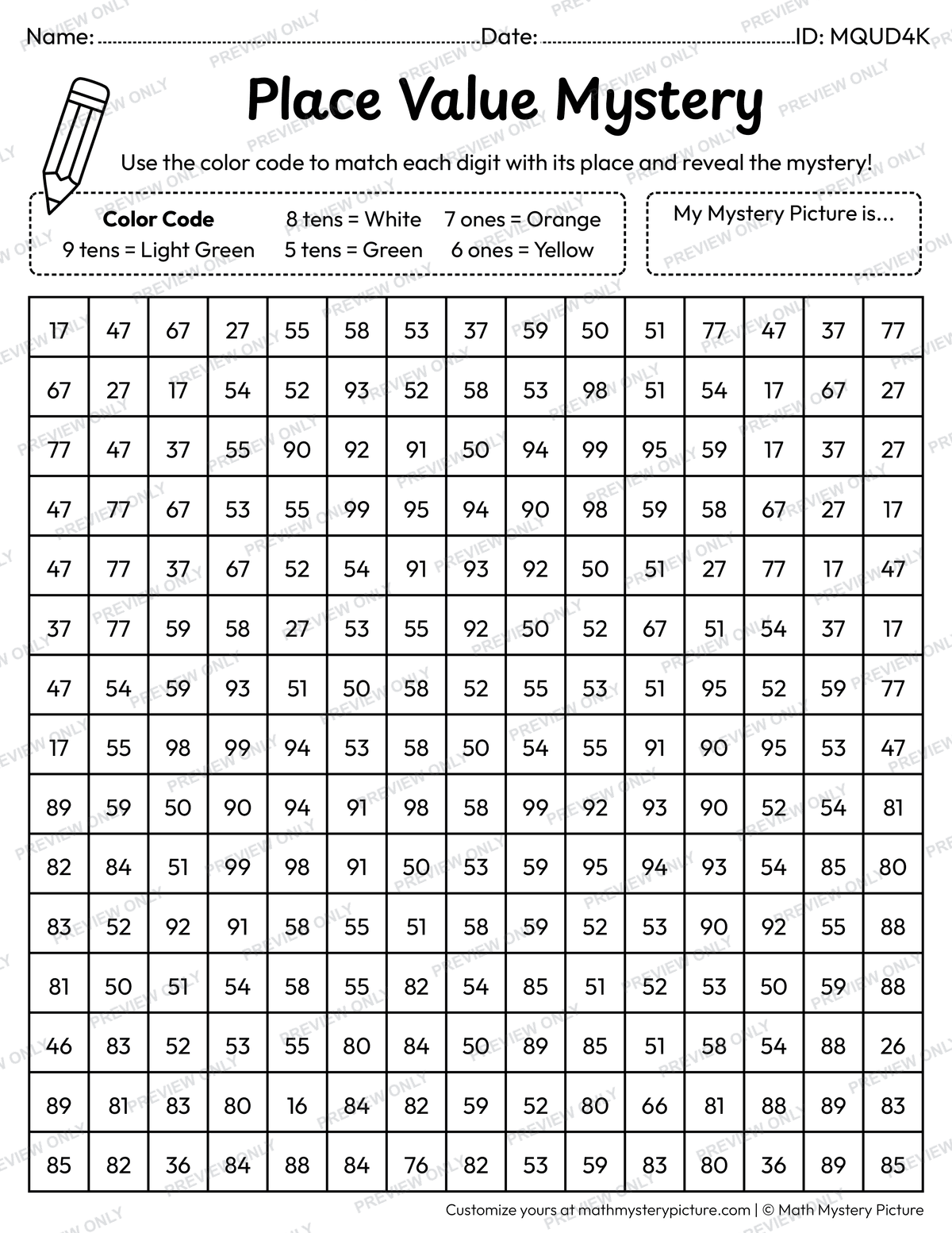St. Patrick's Day Shamrock 2-digit Place Value Math Mystery Picture Coloring Worksheet