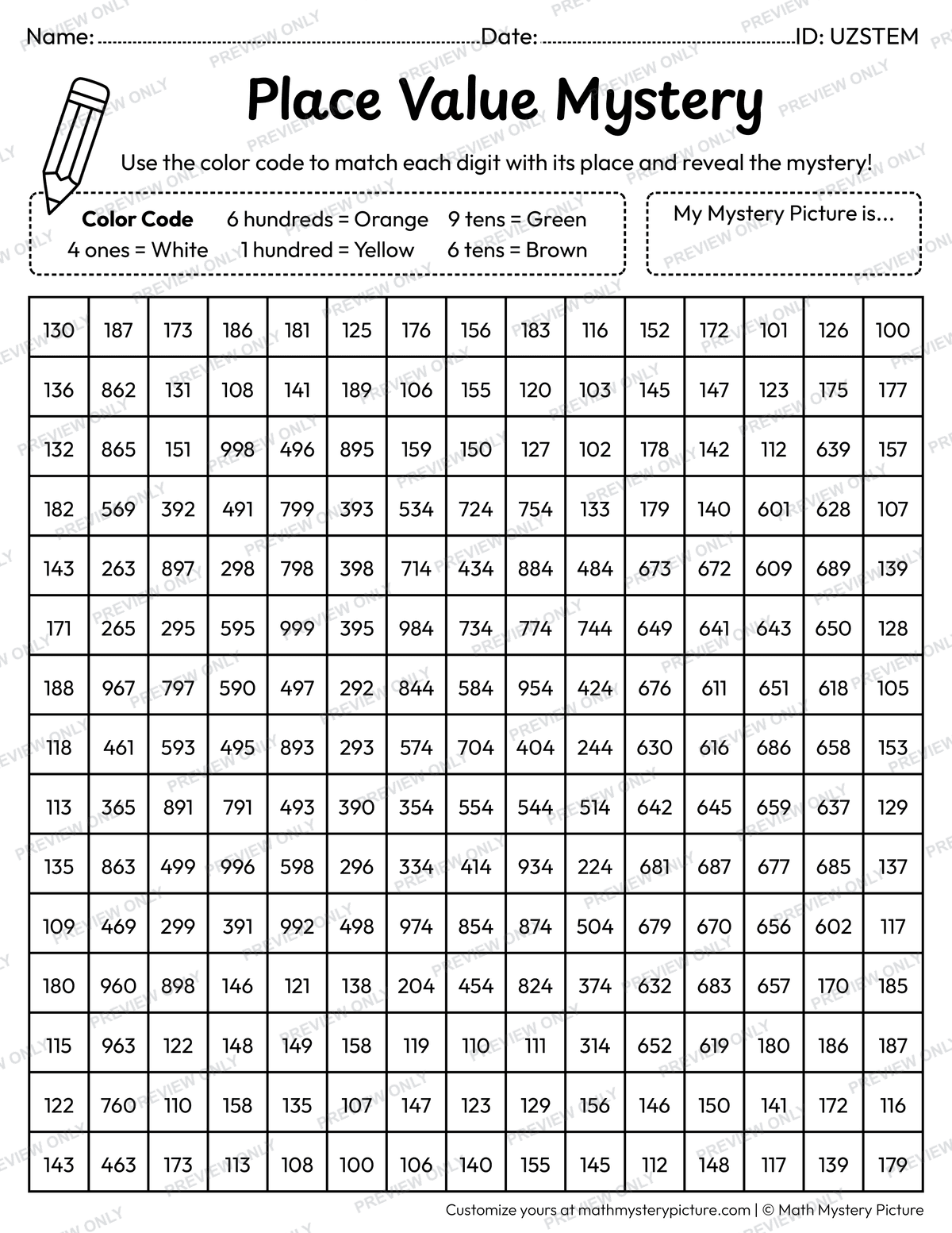 St. Patrick's Day Irish Flag 3-digit Place Value Math Mystery Picture Coloring Worksheet
