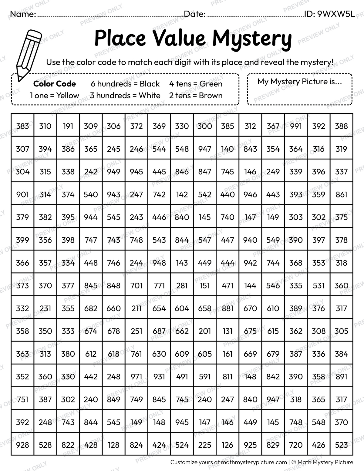 St. Patrick's Day Leprechaun Hat 3-digit Place Value Math Mystery Picture Coloring Worksheet