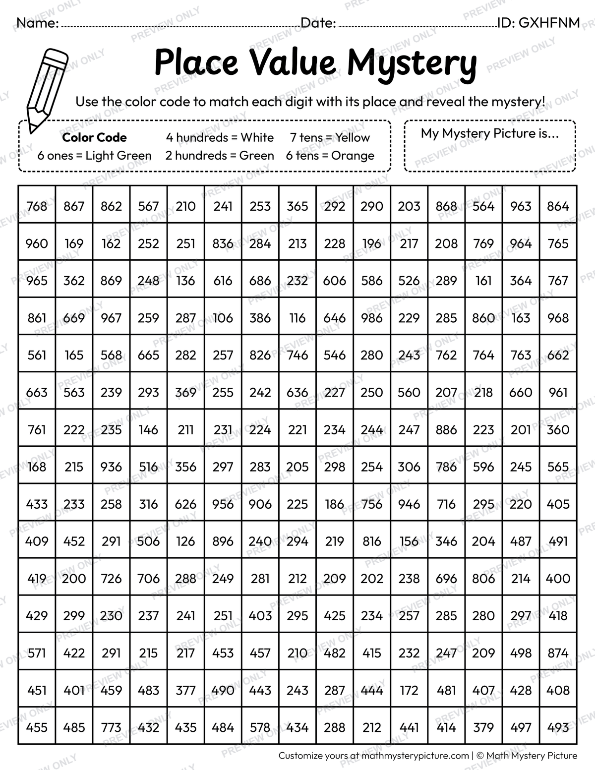 St. Patrick's Day Shamrock 3-digit Place Value Math Mystery Picture Coloring Worksheet