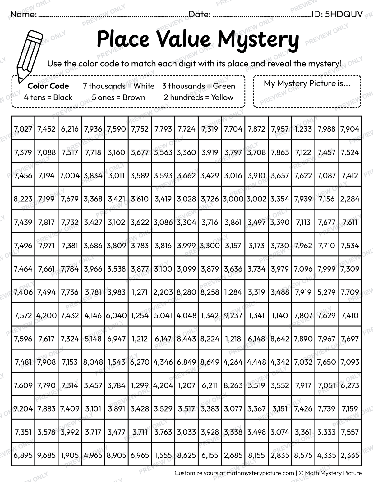 St. Patrick's Day Leprechaun Hat 4-digit Place Value Math Mystery Picture Coloring Worksheet