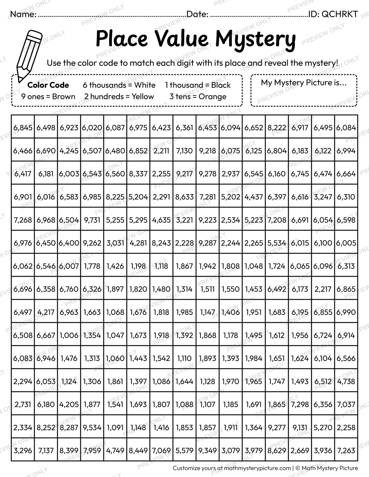 St. Patrick's Day Pot of Gold 4-digit Place Value Math Mystery Picture Coloring Worksheet