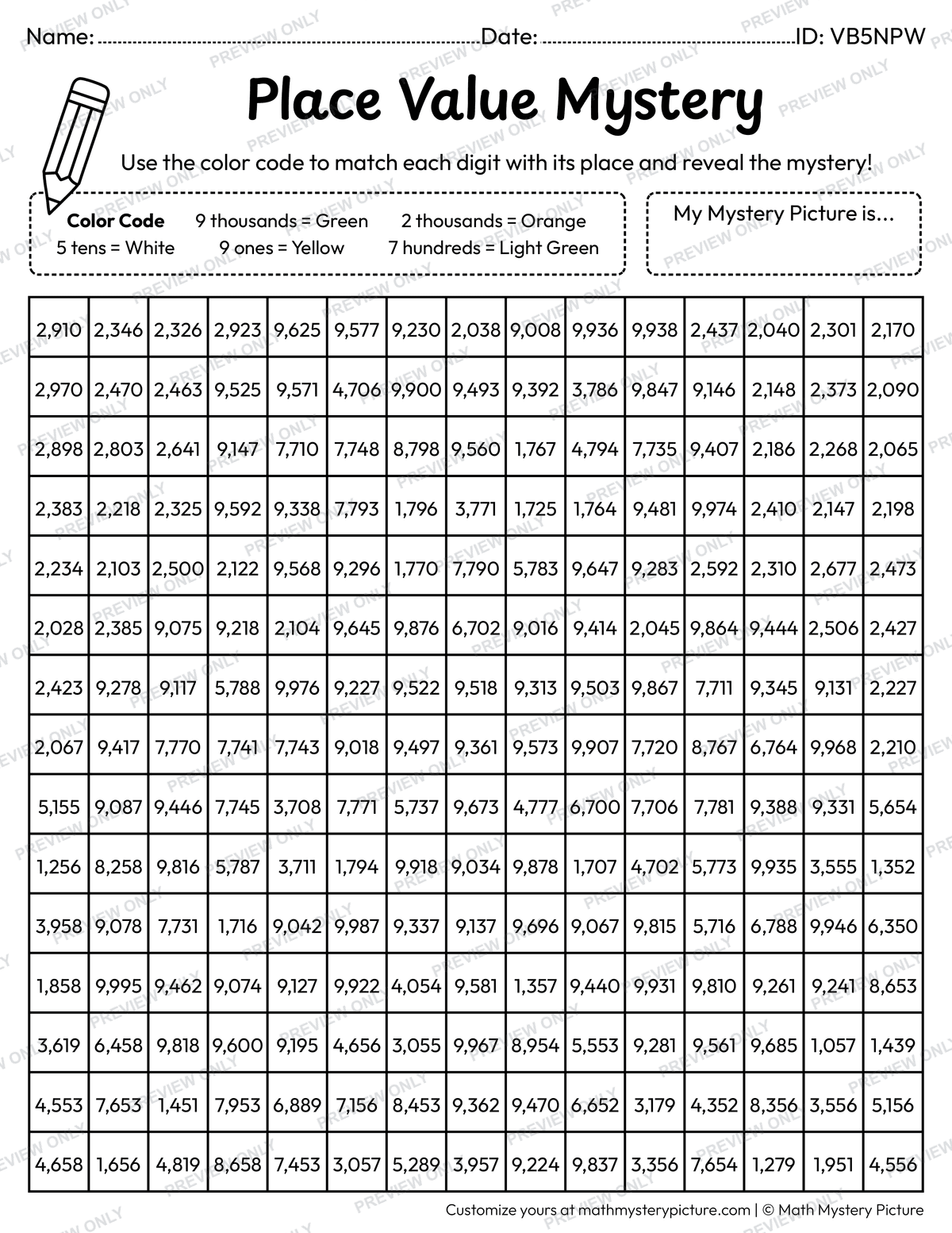 St. Patrick's Day Shamrock 4-digit Place Value Math Mystery Picture Coloring Worksheet