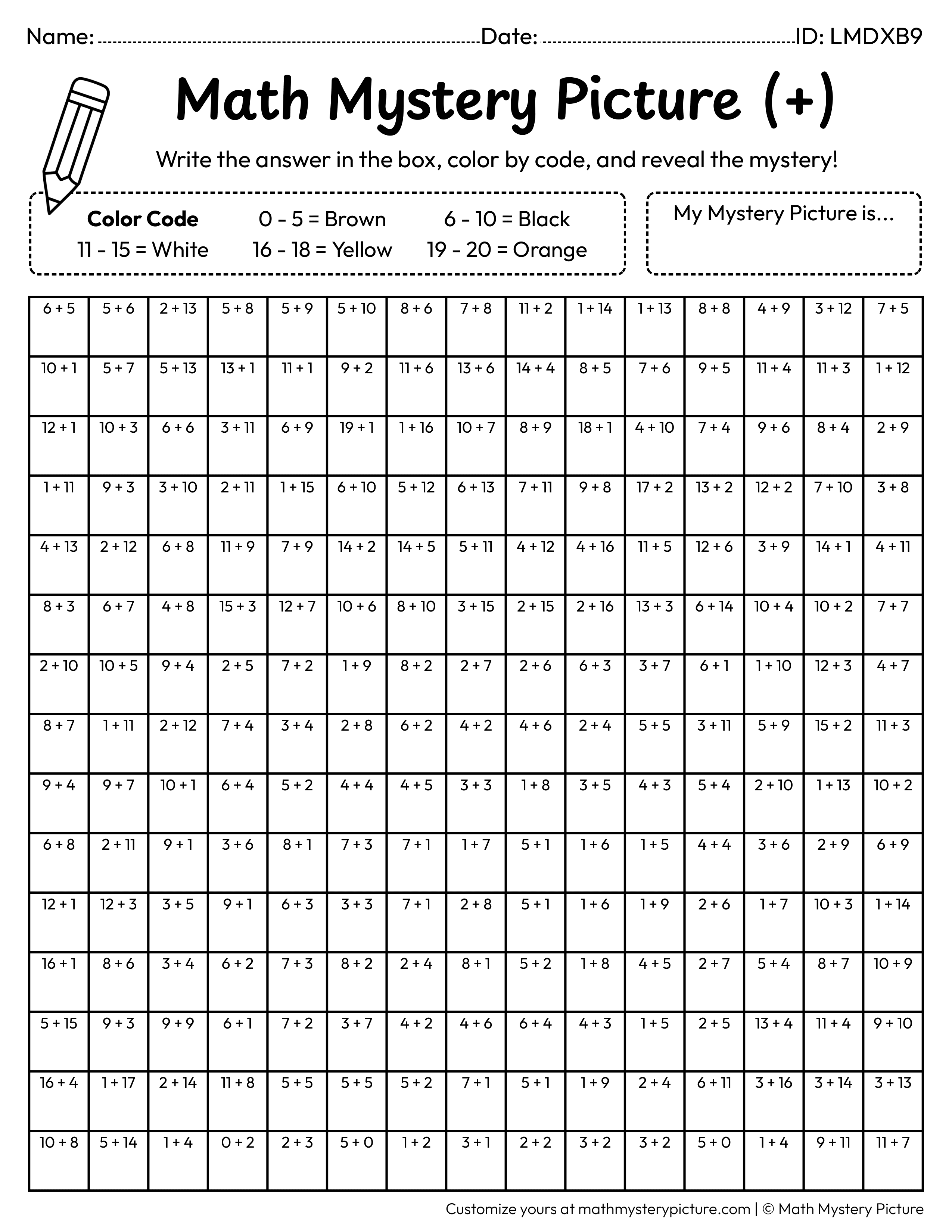St. Patrick's Day Pot of Gold Addition Within 20 Math Mystery Picture Coloring Worksheet