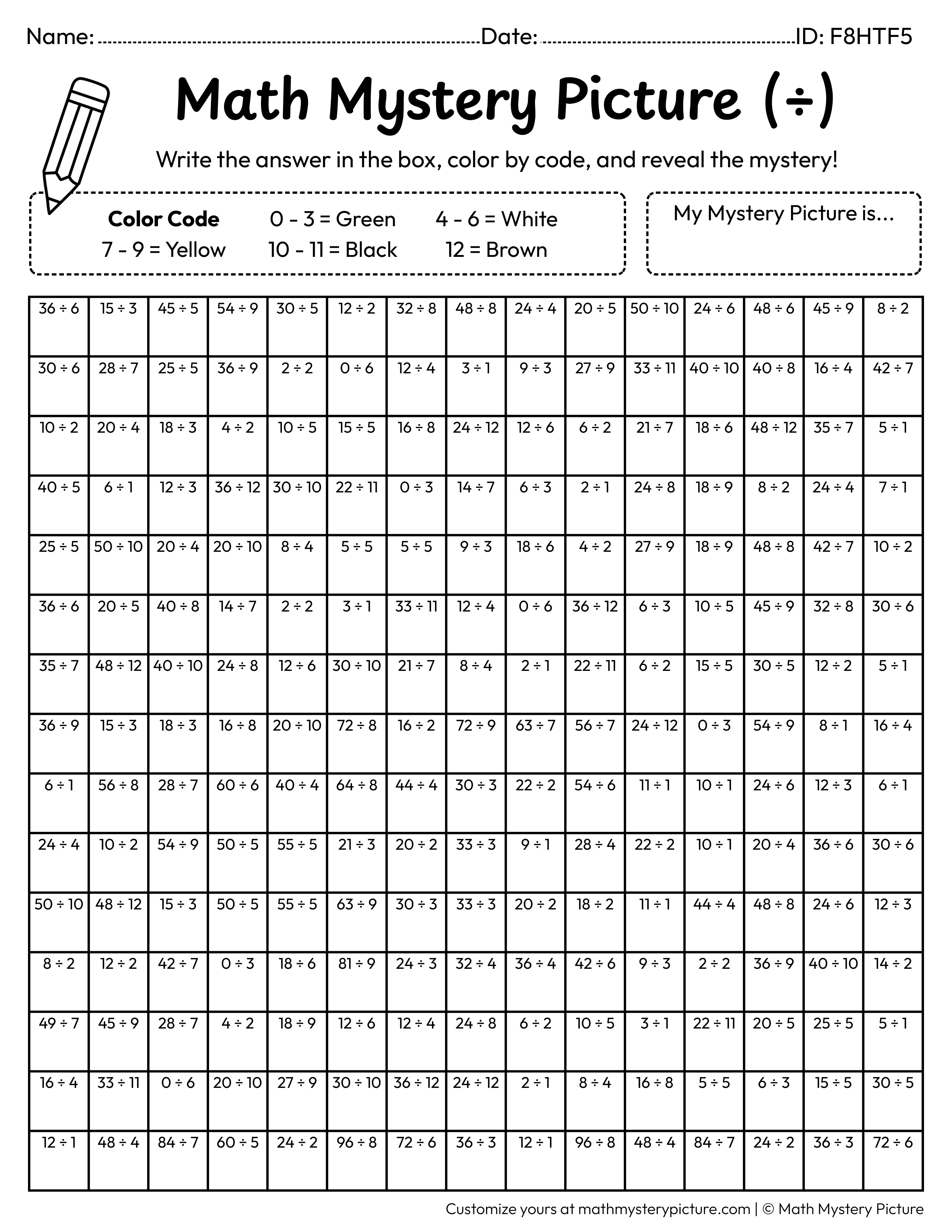 St. Patrick's Day Leprechaun Hat Division Facts Math Mystery Picture Coloring Worksheet