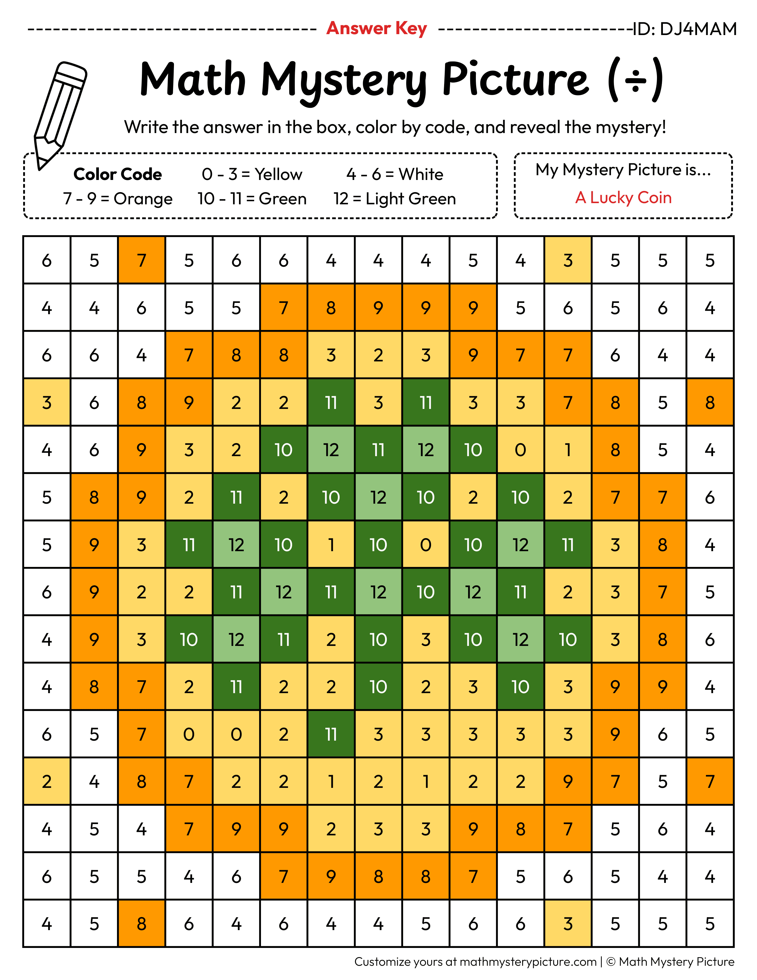 St. Patrick's Day Lucky Coin Division Facts Math Mystery Picture Color by Number Answer Key