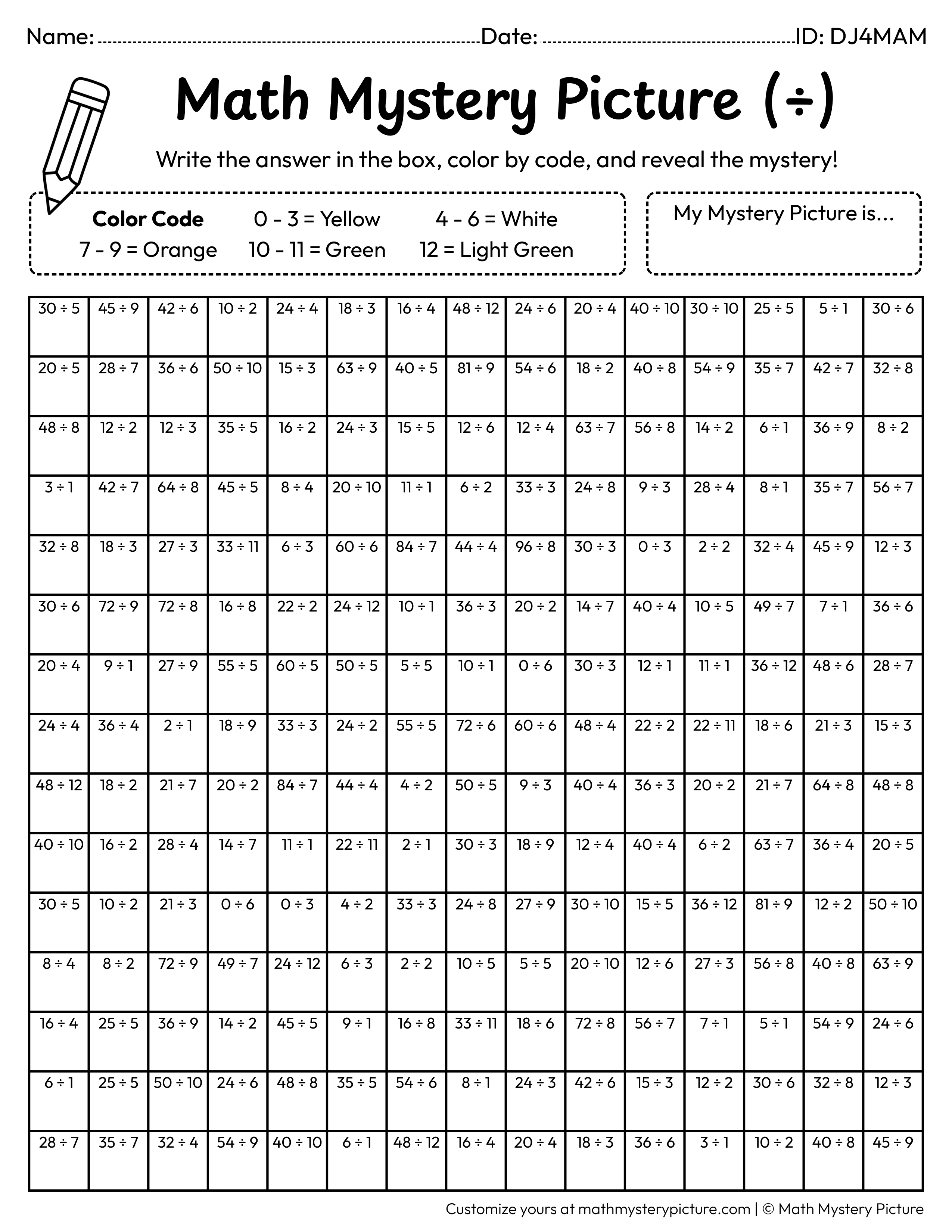 St. Patrick's Day Lucky Coin Division Facts Math Mystery Picture Coloring Worksheet