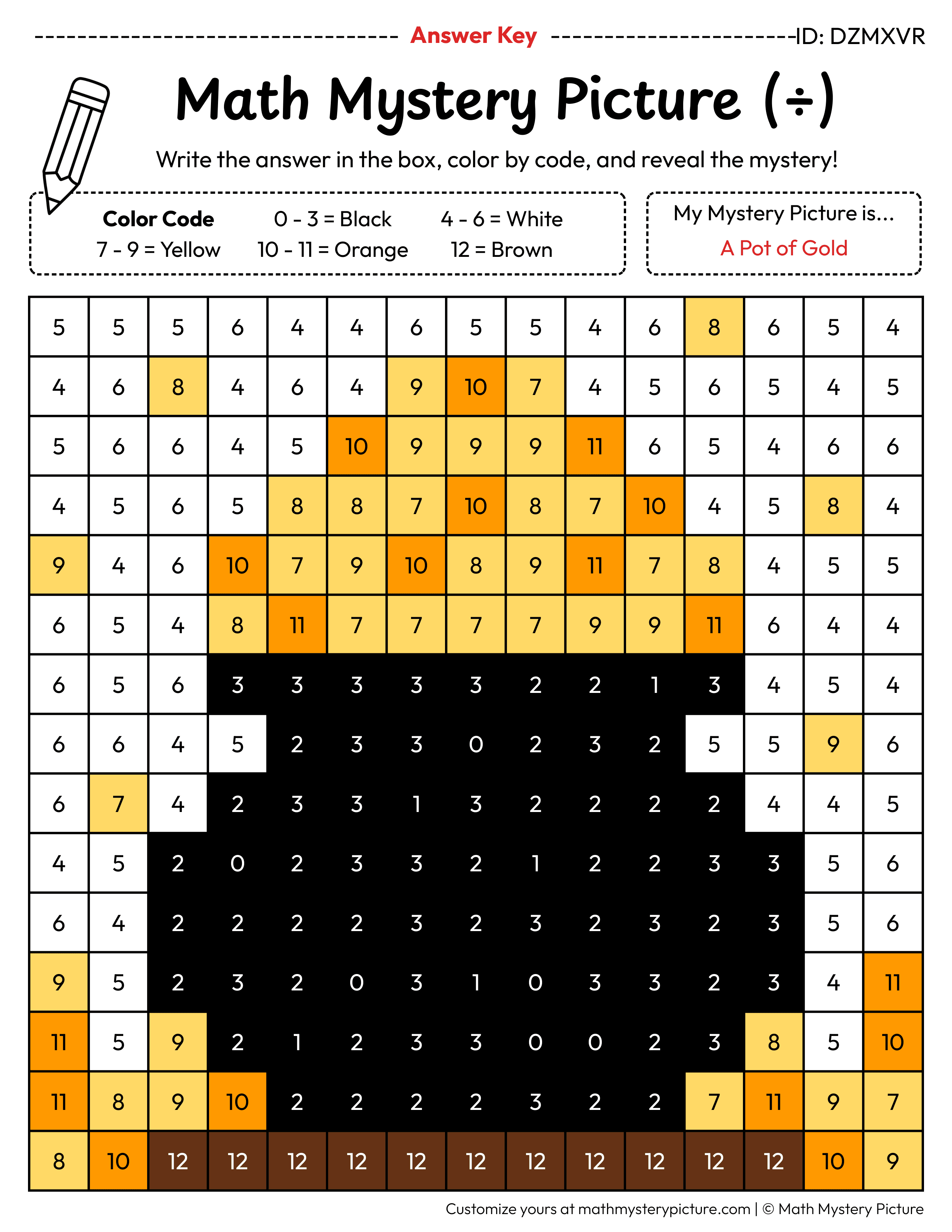 St. Patrick's Day Pot of Gold Division Facts Math Mystery Picture Color by Number Answer Key