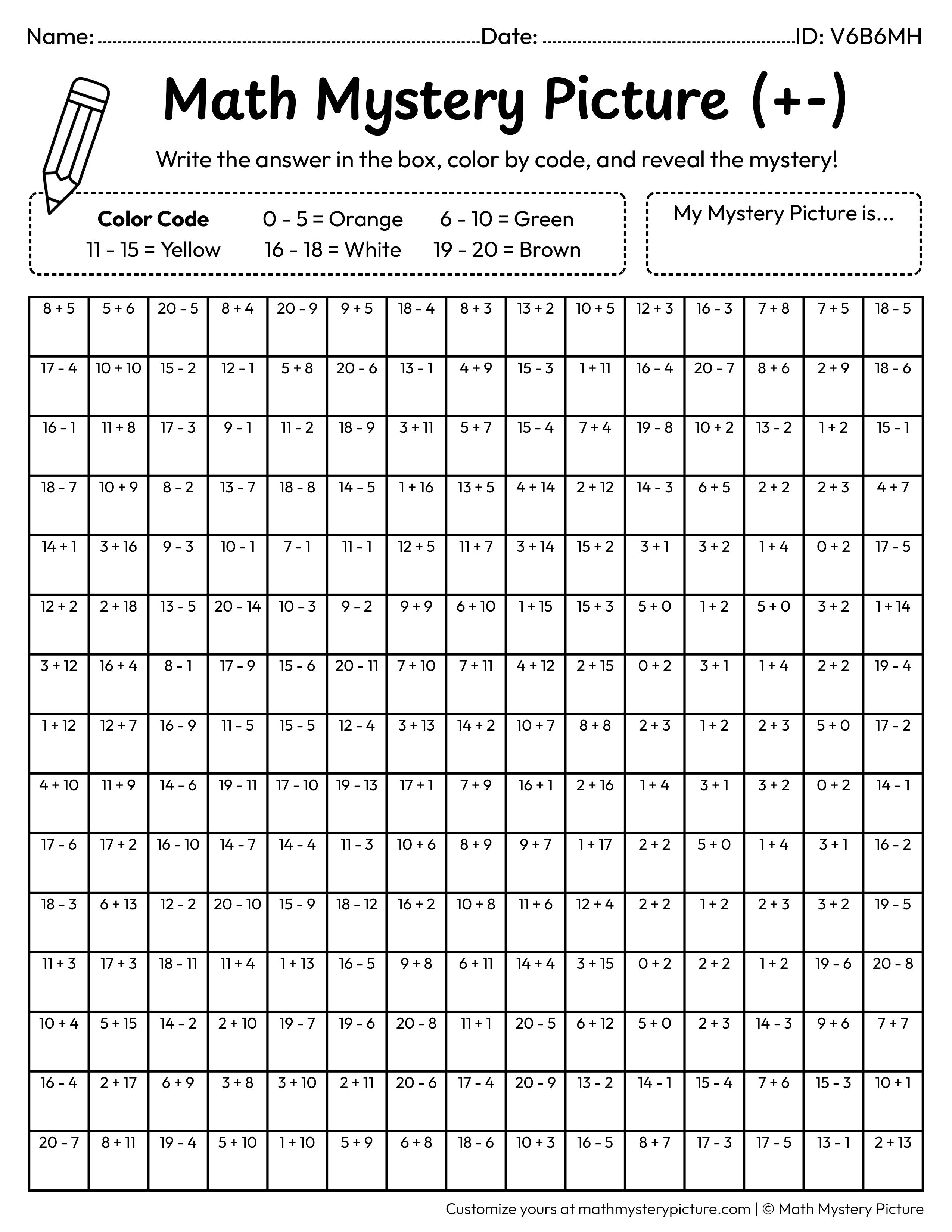 St. Patrick's Day Irish Flag Mixed Addition and Subtraction Within 20 Math Mystery Picture Coloring Worksheet