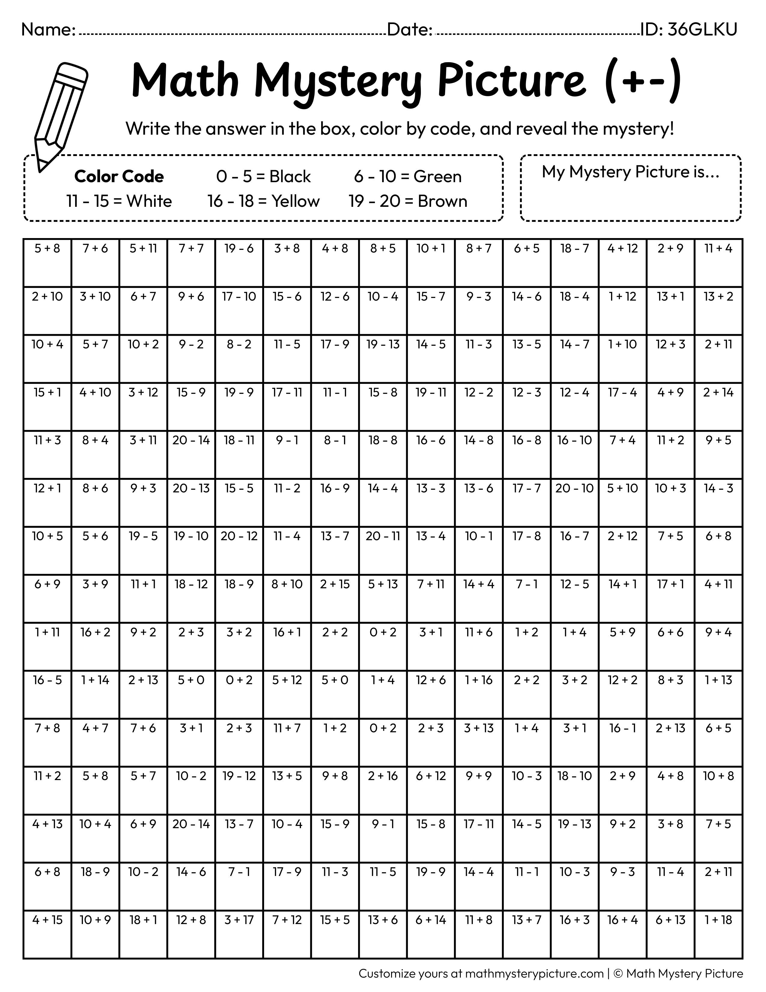 St. Patrick's Day Leprechaun Hat Mixed Addition and Subtraction Within 20 Math Mystery Picture Coloring Worksheet