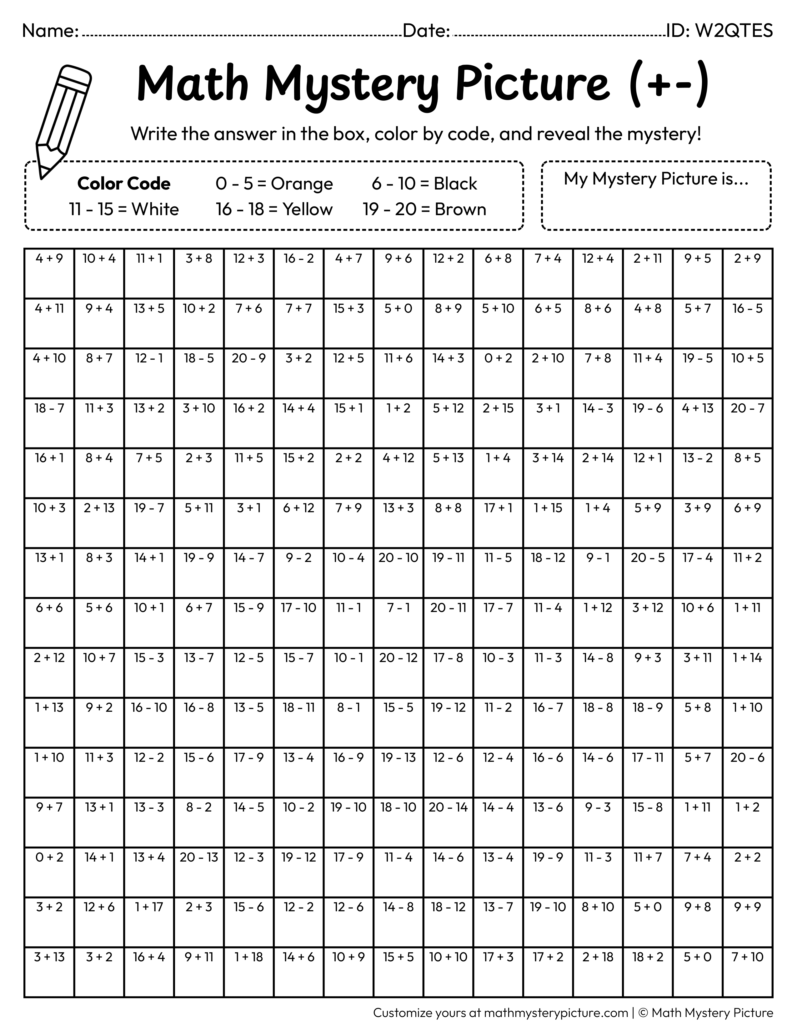 St. Patrick's Day Pot of Gold Mixed Addition and Subtraction Within 20 Math Mystery Picture Coloring Worksheet