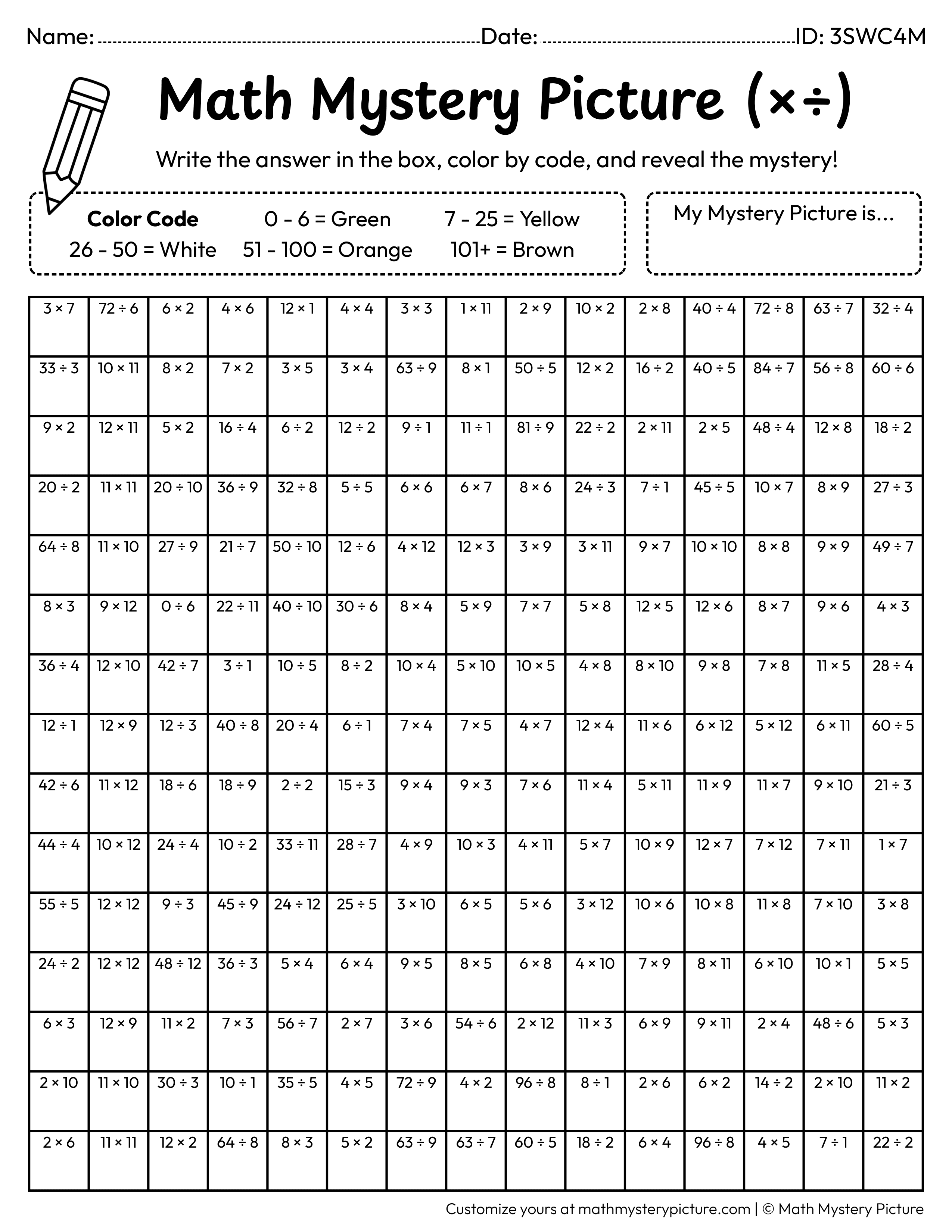 St. Patrick's Day Irish Flag Mixed Multiplication and Division Facts Math Mystery Picture Coloring Worksheet
