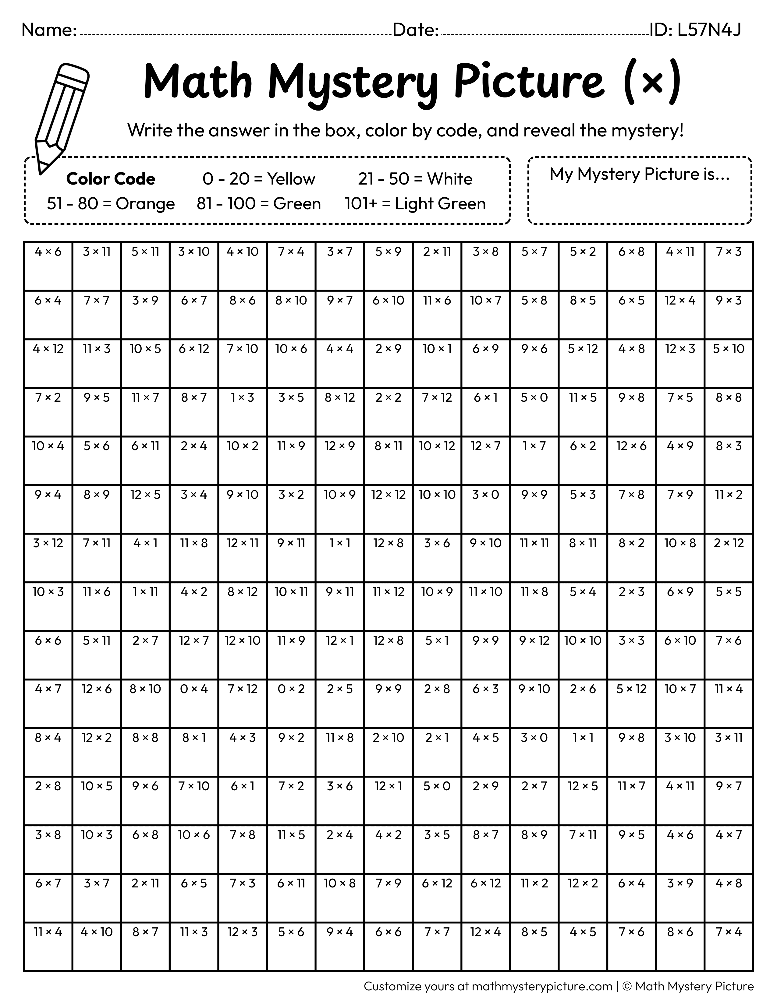 St. Patrick's Day Lucky Coin Multiplication Facts Math Mystery Picture Coloring Worksheet