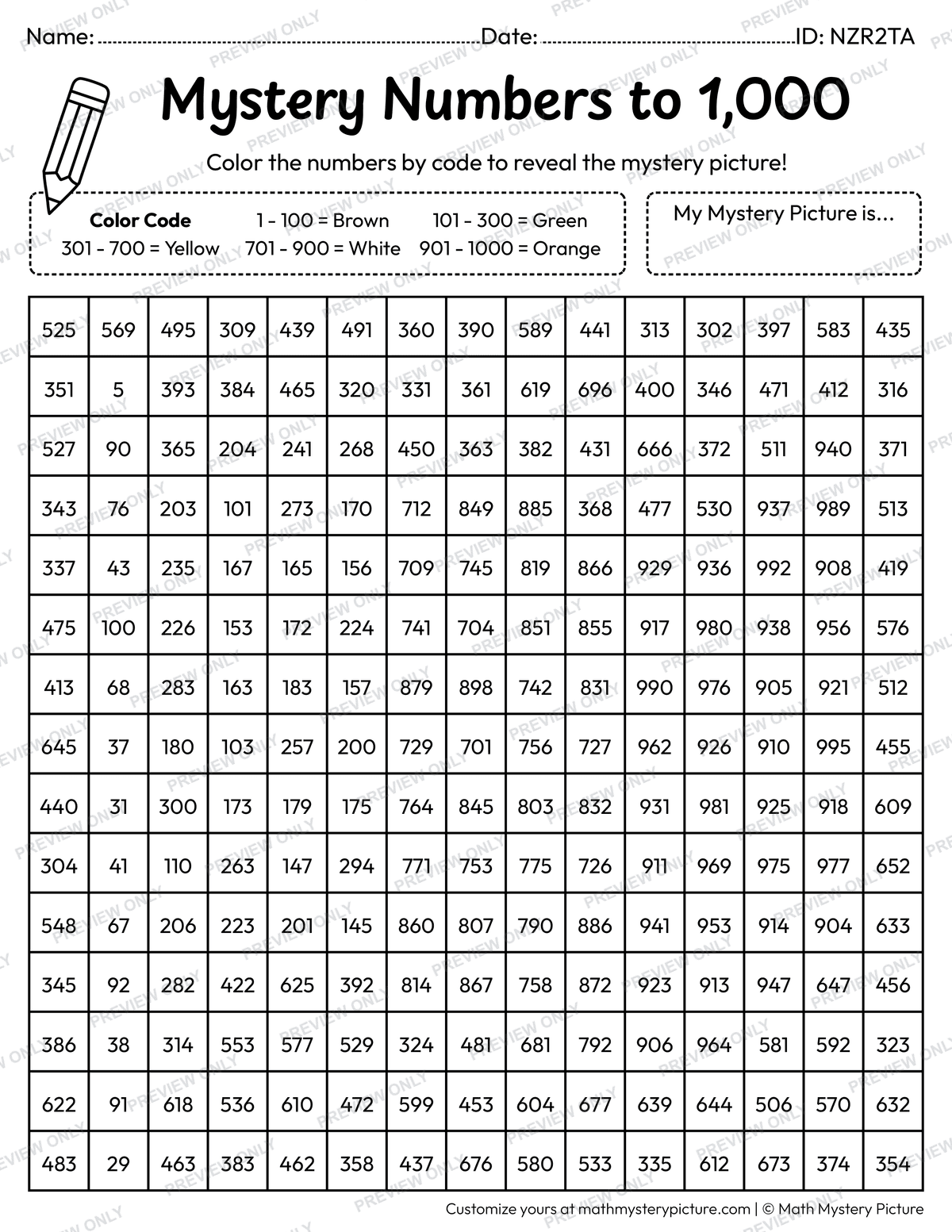 St. Patrick's Day Irish Flag Numbers to 1,000 Math Mystery Picture Coloring Worksheet