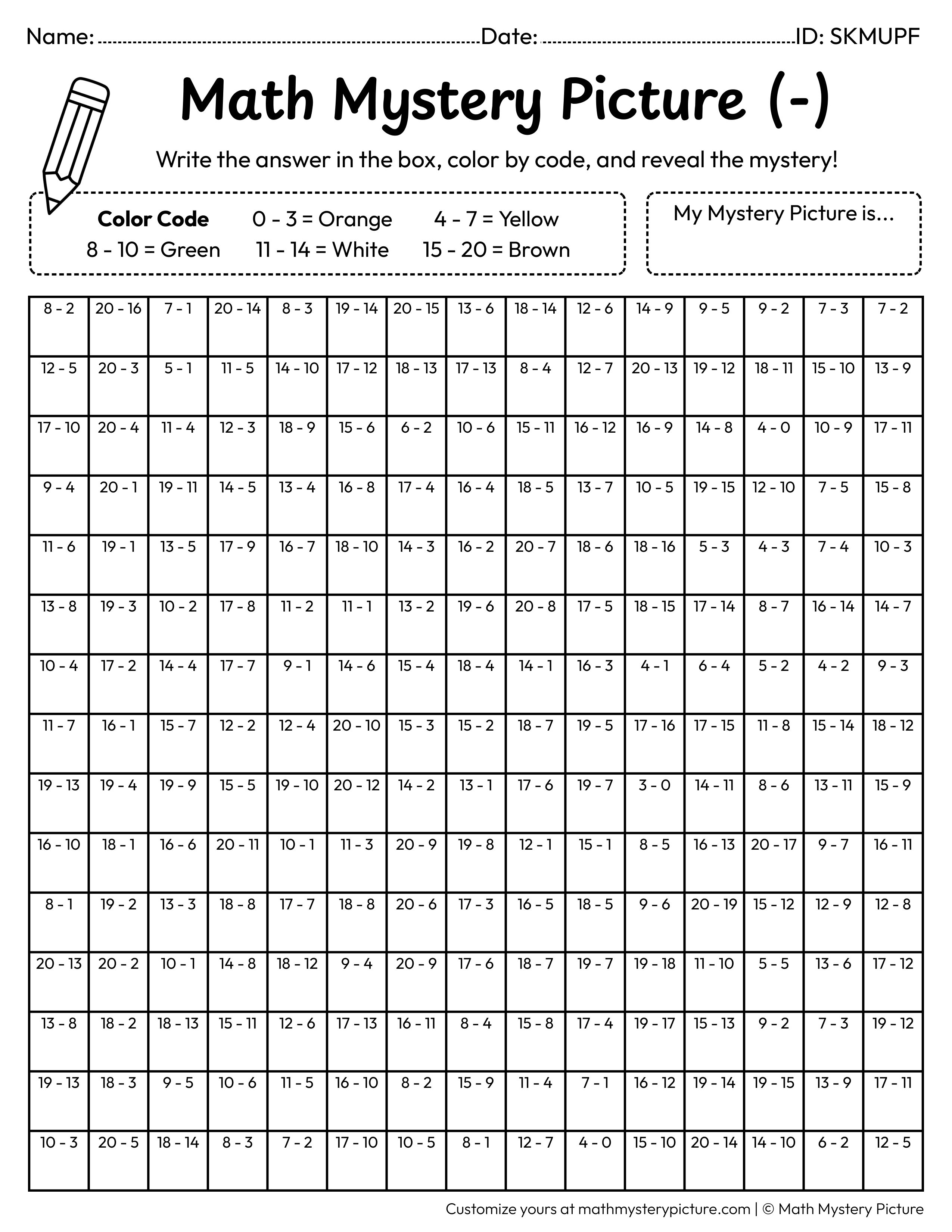St. Patrick's Day Irish Flag Subtraction Within 20 Math Mystery Picture Coloring Worksheet