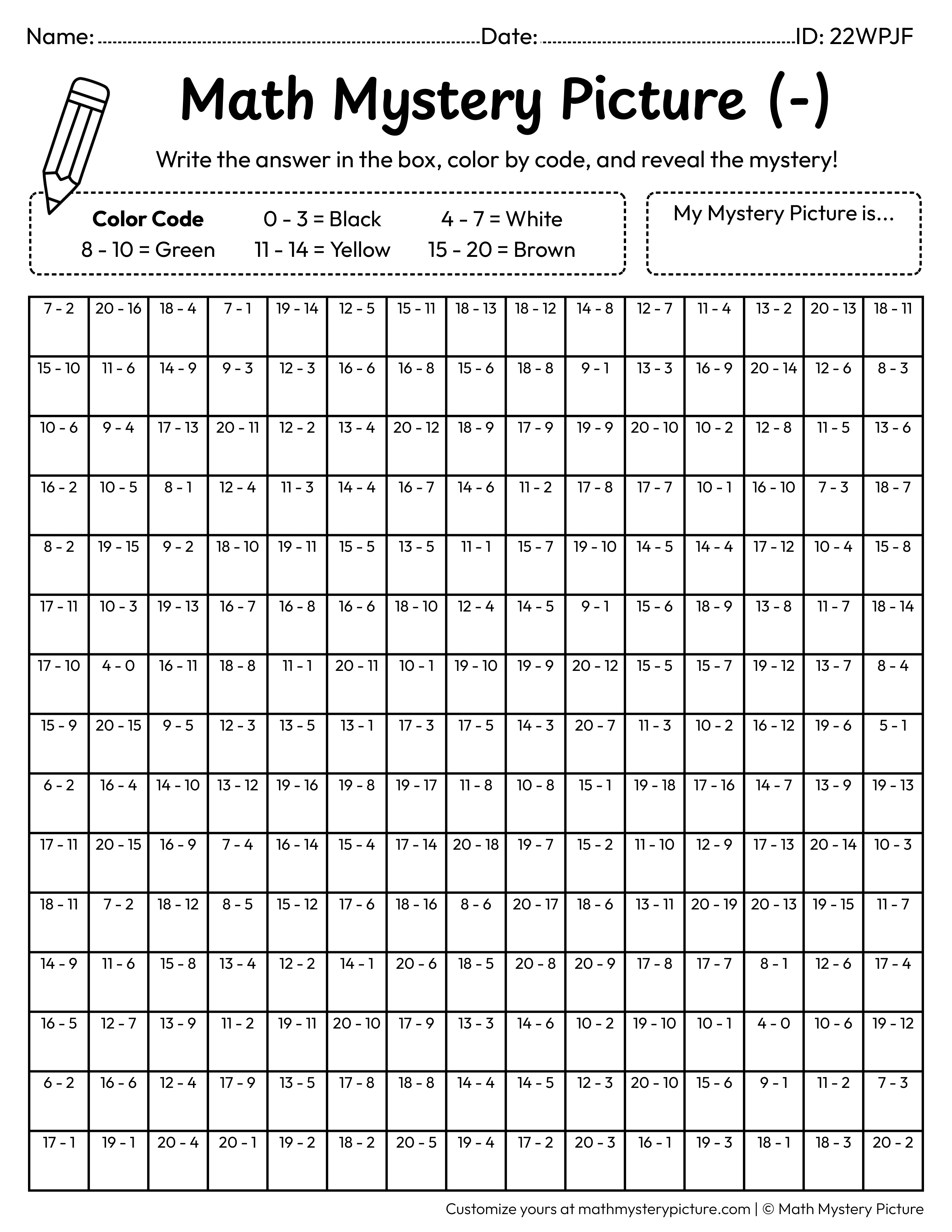 St. Patrick's Day Leprechaun Hat Subtraction Within 20 Math Mystery Picture Coloring Worksheet