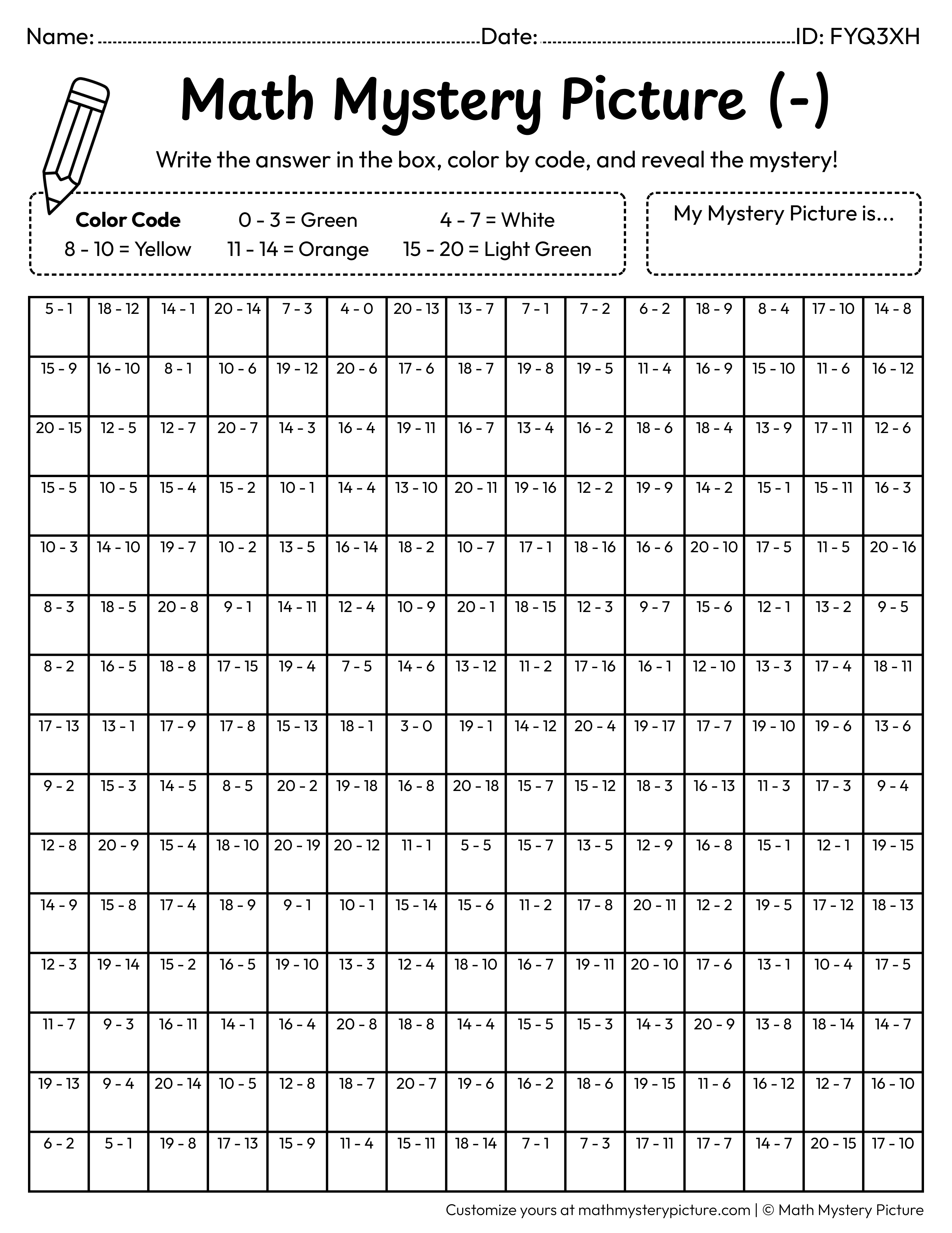 St. Patrick's Day Lucky Coin Subtraction Within 20 Math Mystery Picture Coloring Worksheet