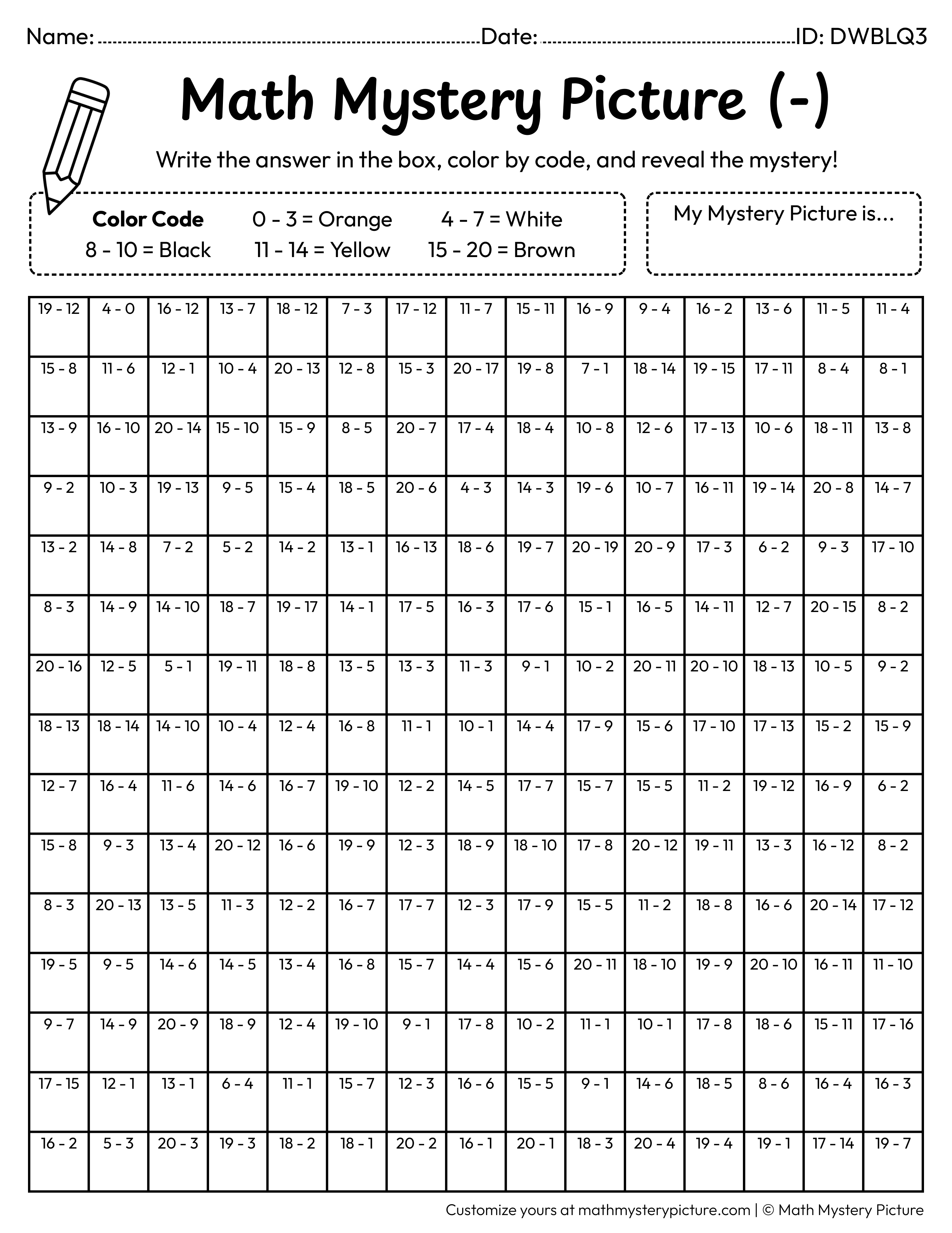 St. Patrick's Day Pot of Gold Subtraction Within 20 Math Mystery Picture Coloring Worksheet