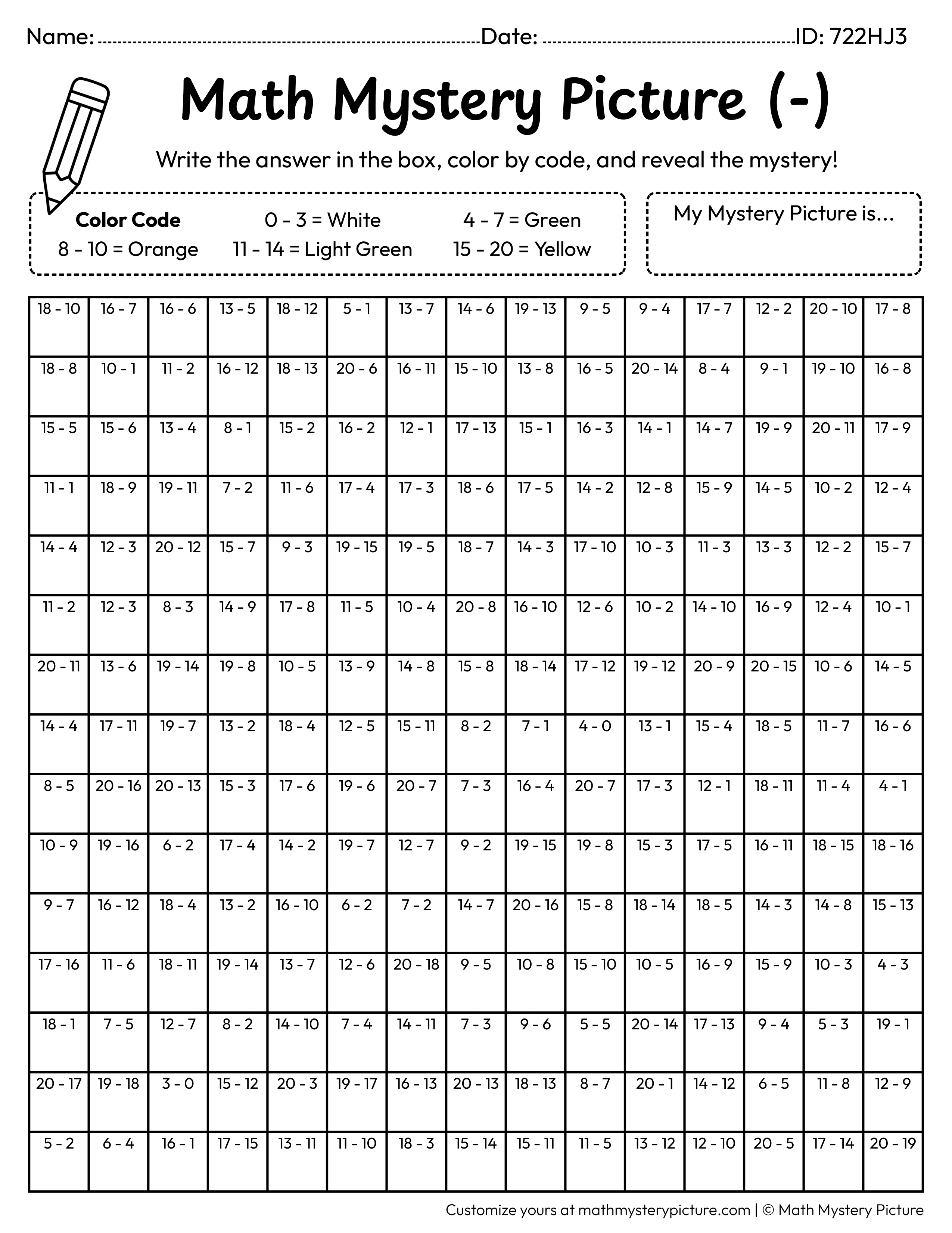 St. Patrick's Day Shamrock Subtraction Within 20 Math Mystery Picture Coloring Worksheet