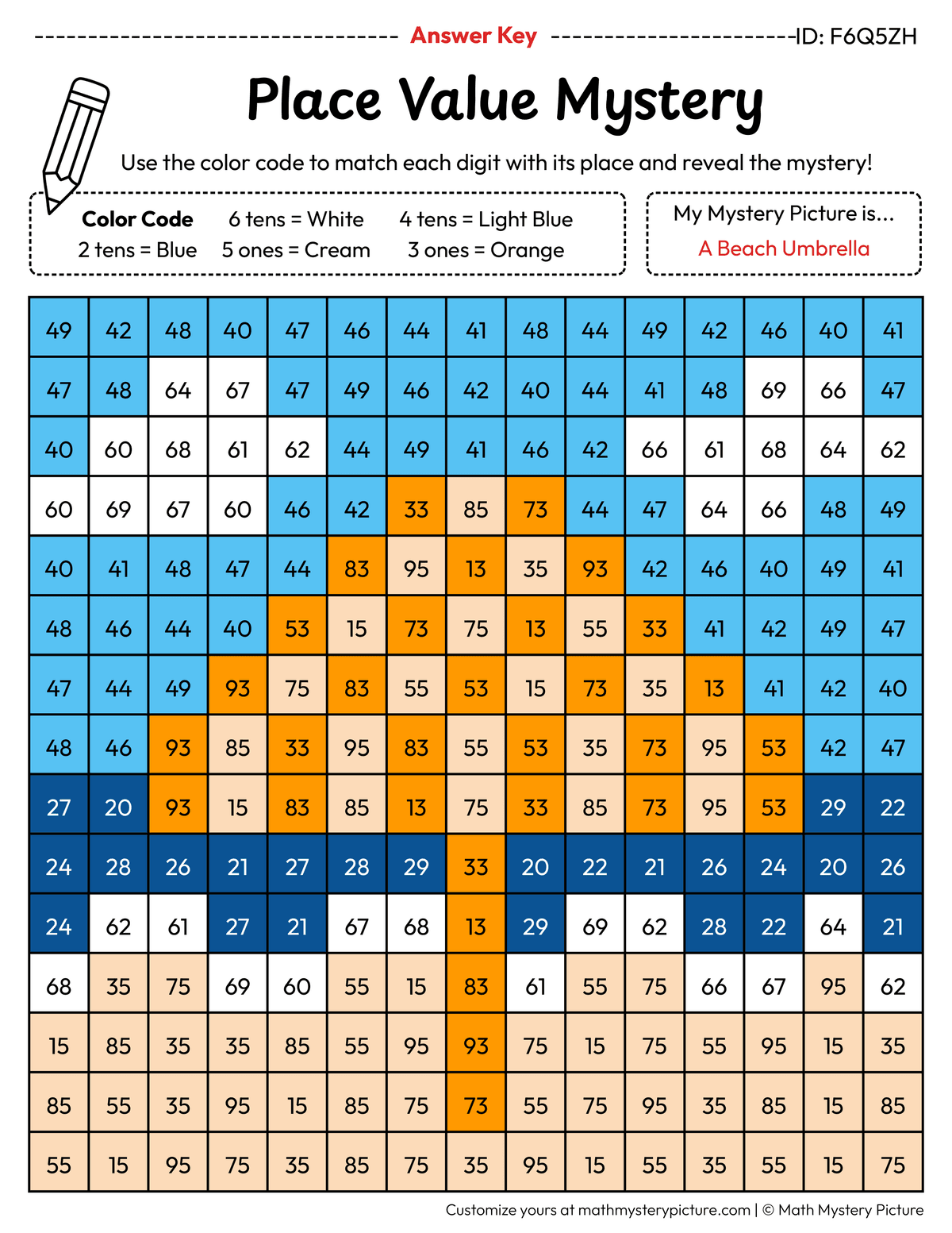 Summer Beach Umbrella 2-digit Place Value Math Mystery Picture Color by Number Answer Key