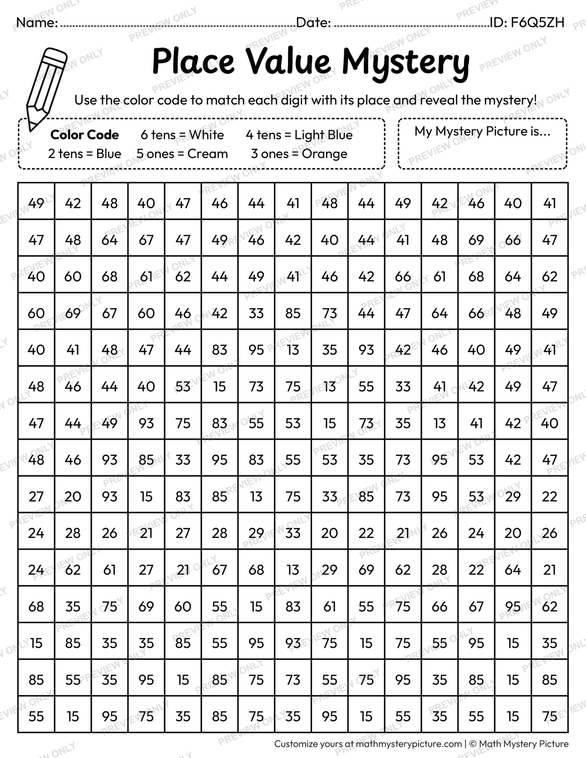 Summer Beach Umbrella 2-digit Place Value Math Mystery Picture Coloring Worksheet