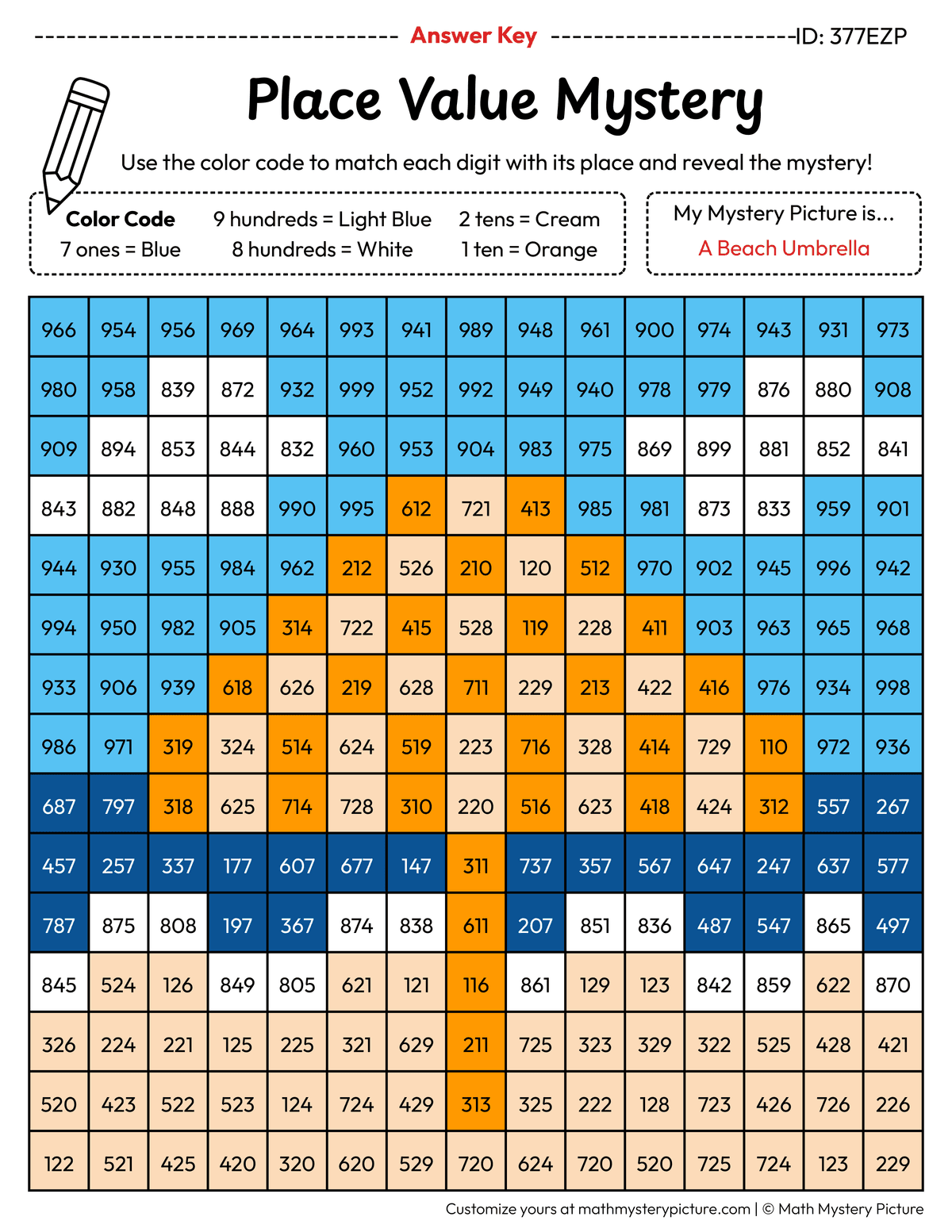 Summer Beach Umbrella 3-digit Place Value Math Mystery Picture Color by Number Answer Key