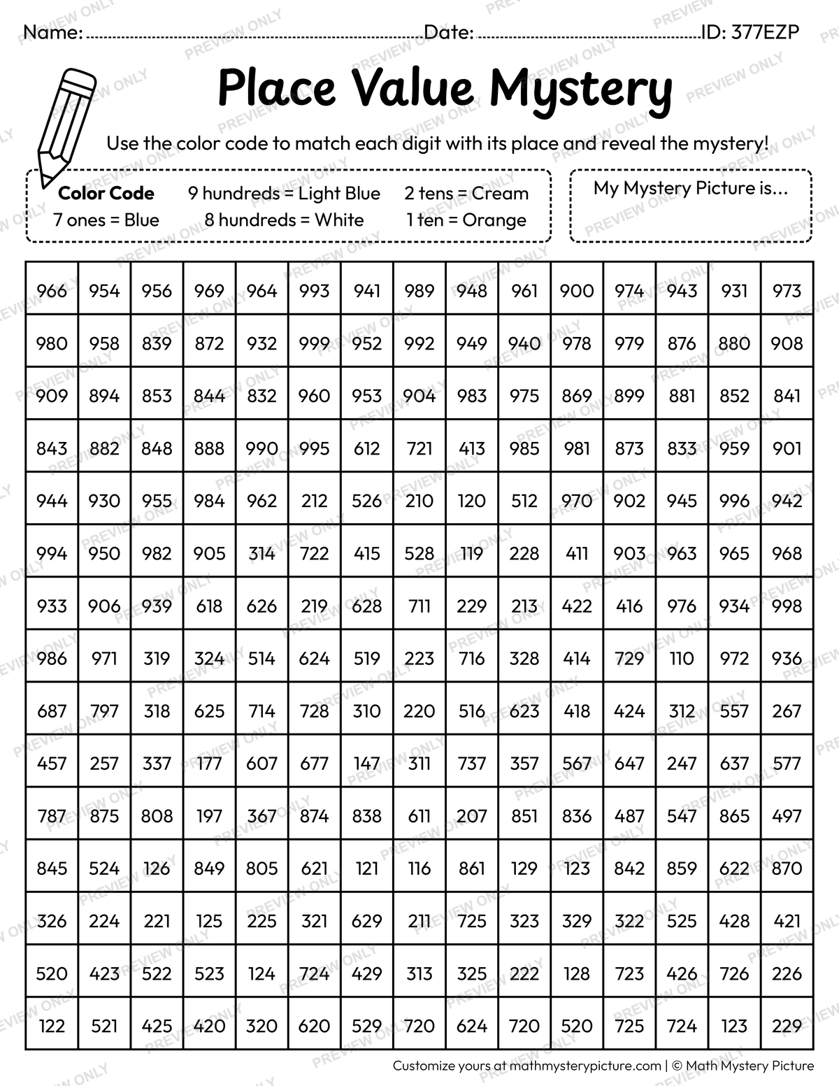 Summer Beach Umbrella 3-digit Place Value Math Mystery Picture Coloring Worksheet
