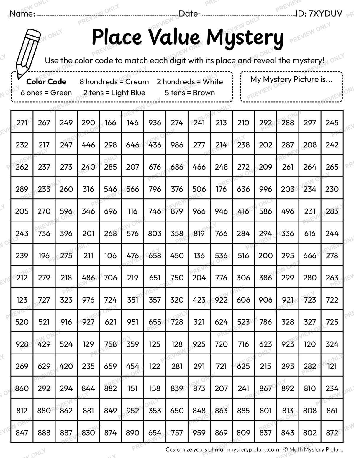 Summer Coconut Tree 3-digit Place Value Math Mystery Picture Coloring Worksheet