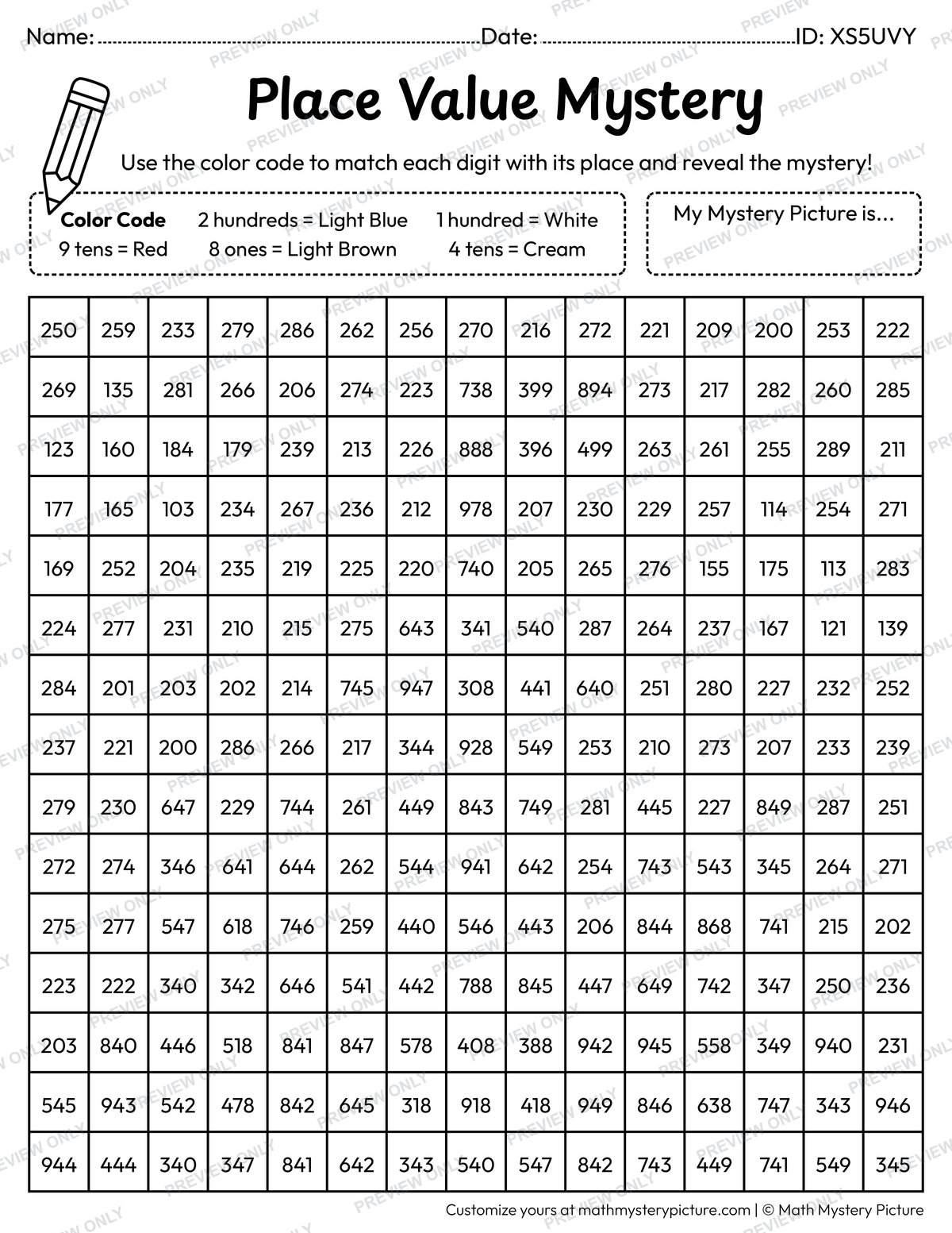 Summer Sandcastle 3-digit Place Value Math Mystery Picture Coloring Worksheet