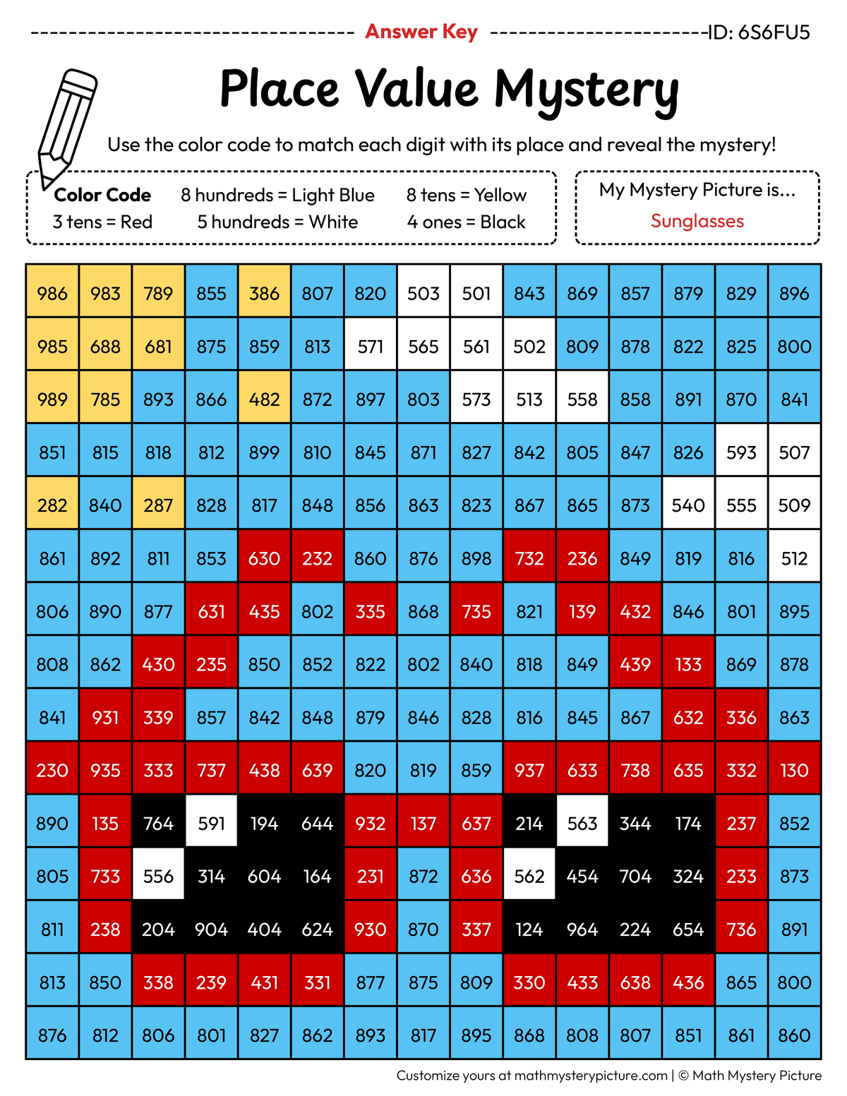 Summer Sunglasses 3-digit Place Value Math Mystery Picture Color by Number Answer Key