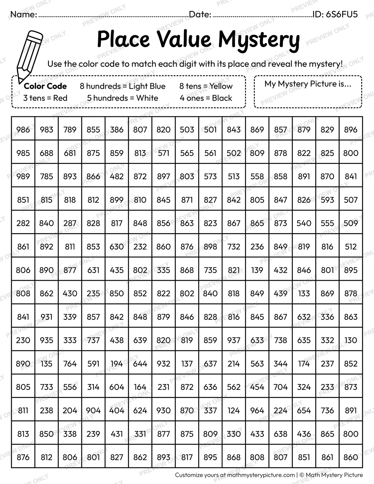 Summer Sunglasses 3-digit Place Value Math Mystery Picture Coloring Worksheet
