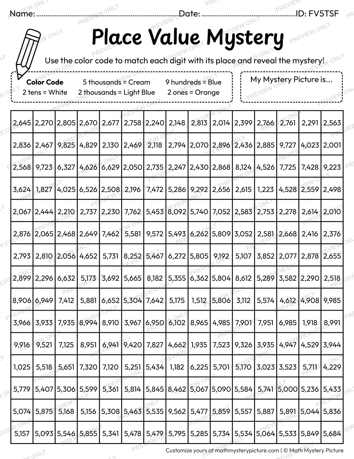 Summer Beach Umbrella 4-digit Place Value Math Mystery Picture Coloring Worksheet