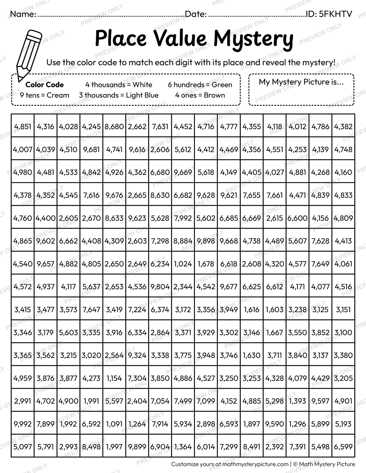 Summer Coconut Tree 4-digit Place Value Math Mystery Picture Coloring Worksheet