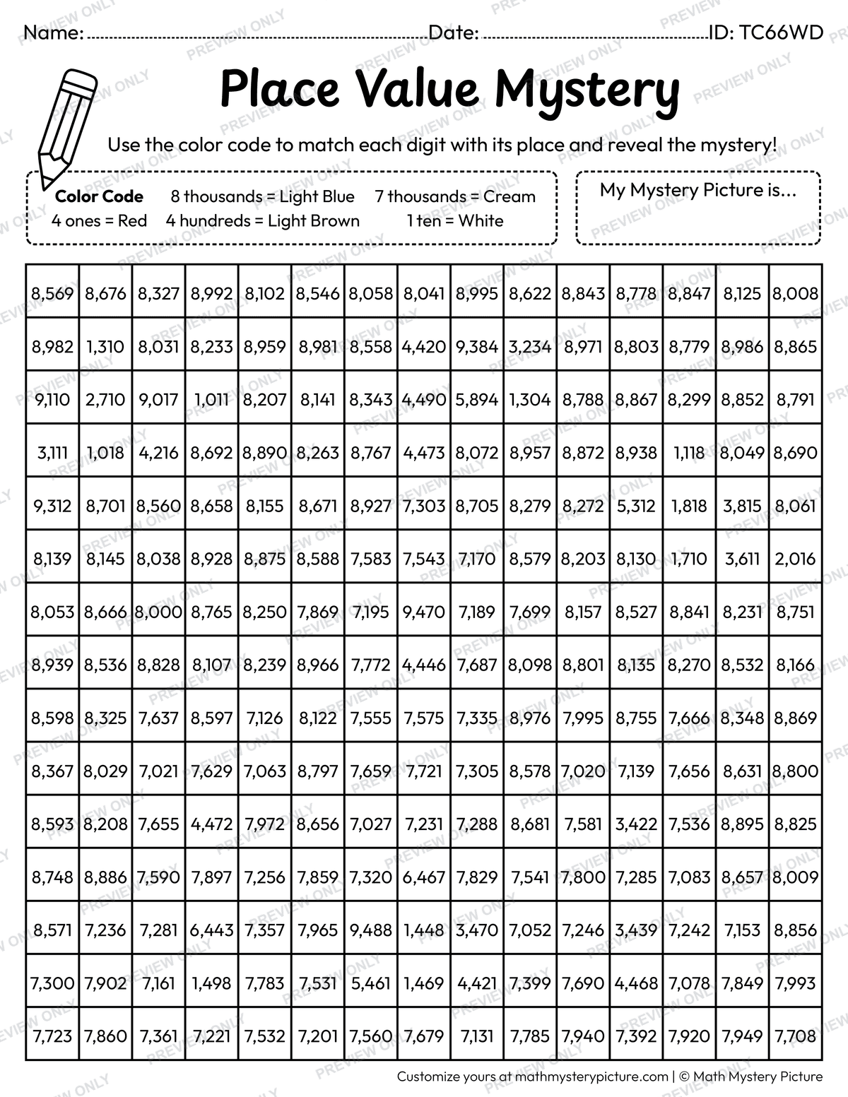 Summer Sandcastle 4-digit Place Value Math Mystery Picture Coloring Worksheet