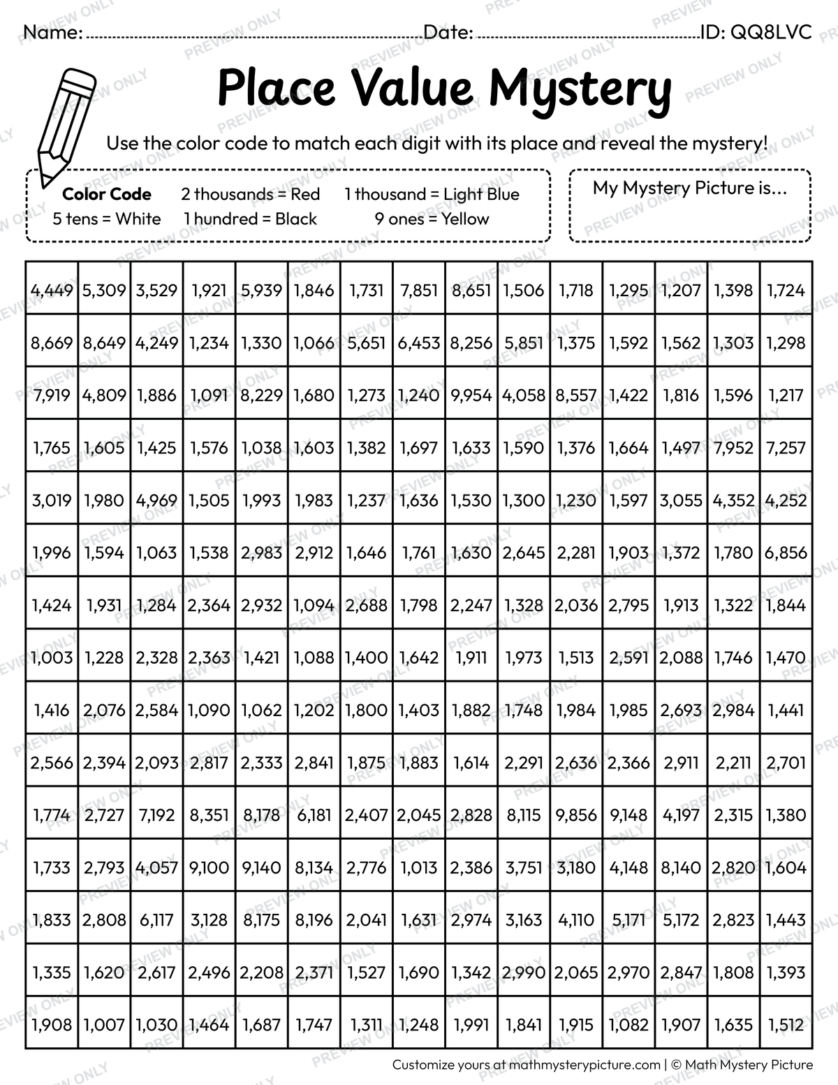 Summer Sunglasses 4-digit Place Value Math Mystery Picture Coloring Worksheet