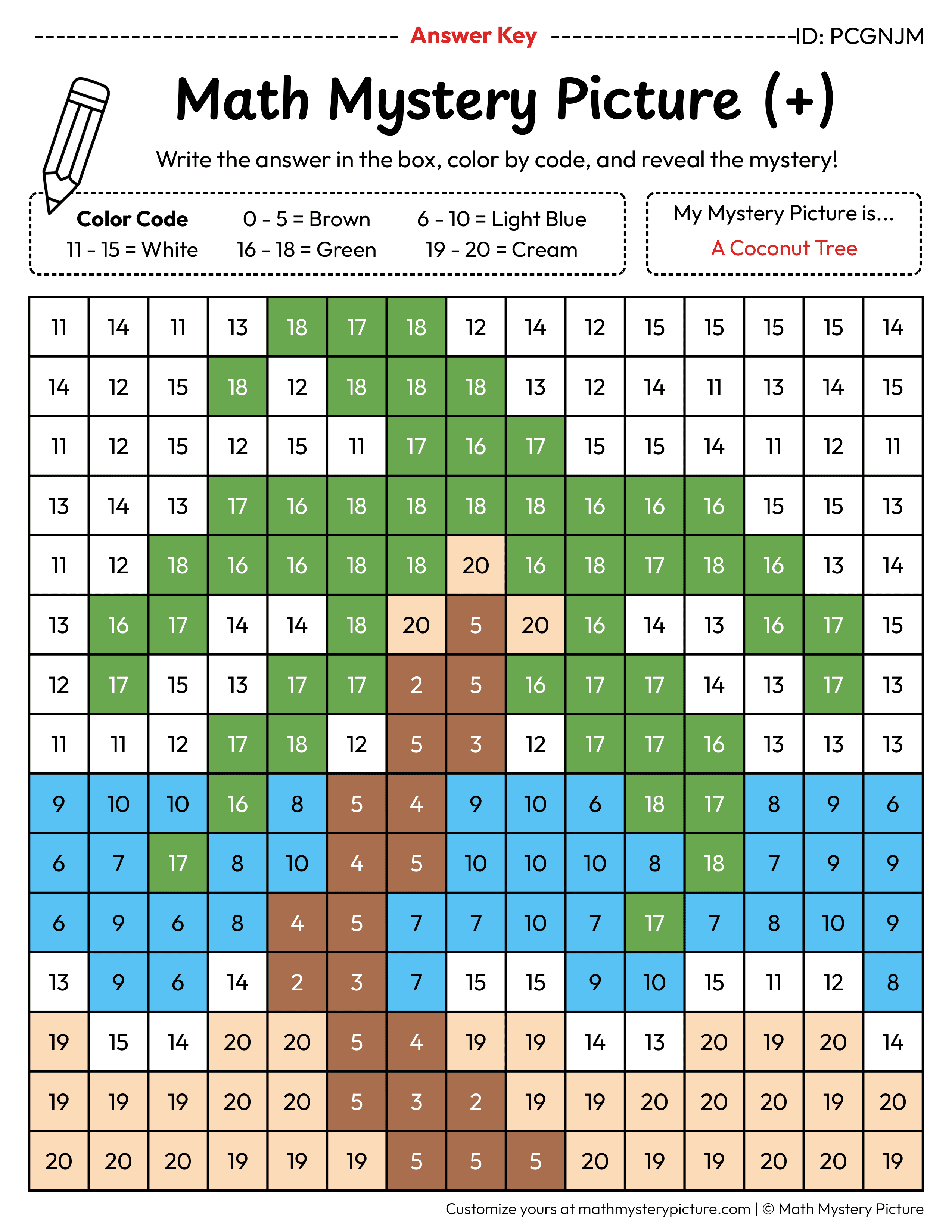Summer Coconut Tree Addition Within 20 Math Mystery Picture Color by Number Answer Key