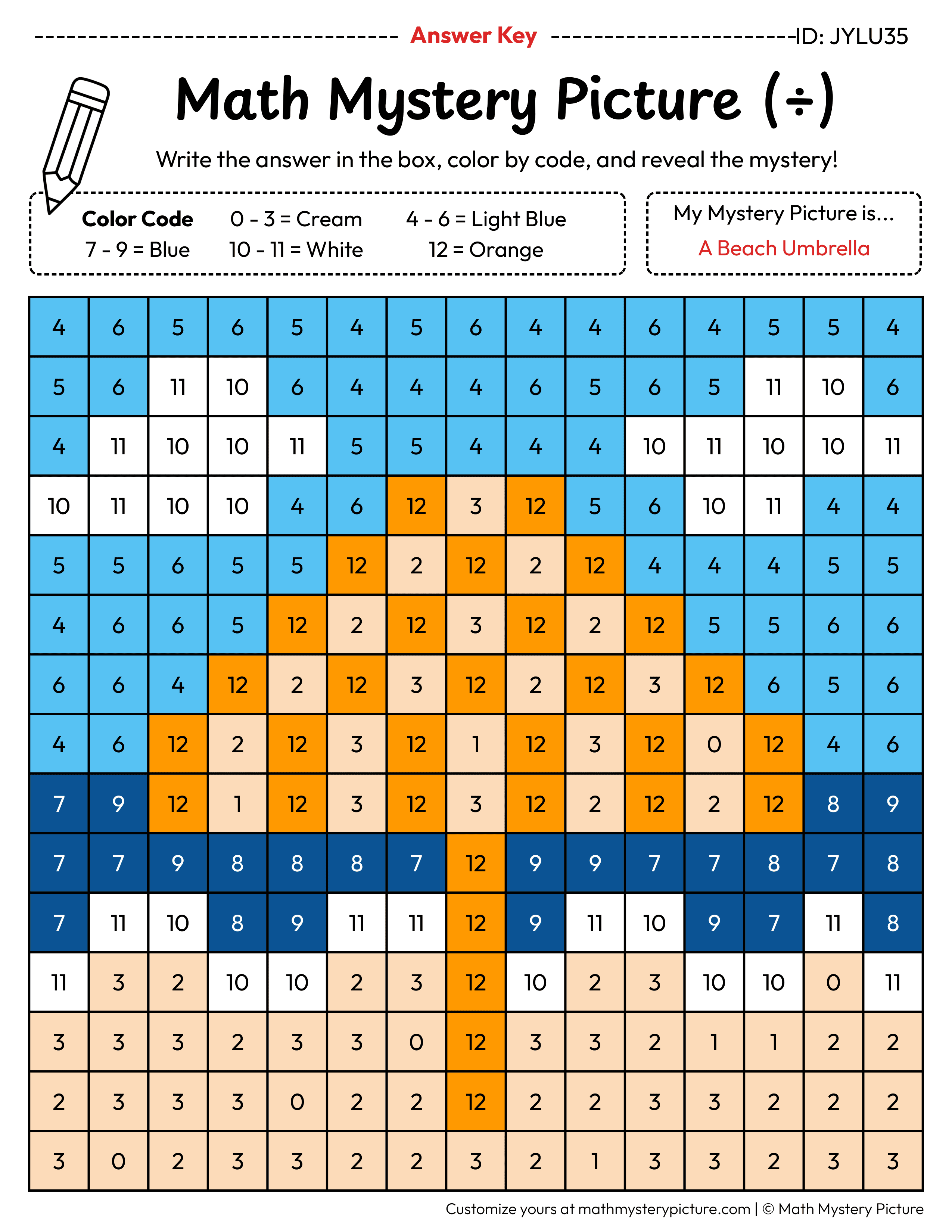 Summer Beach Umbrella Division Facts Math Mystery Picture Color by Number Answer Key