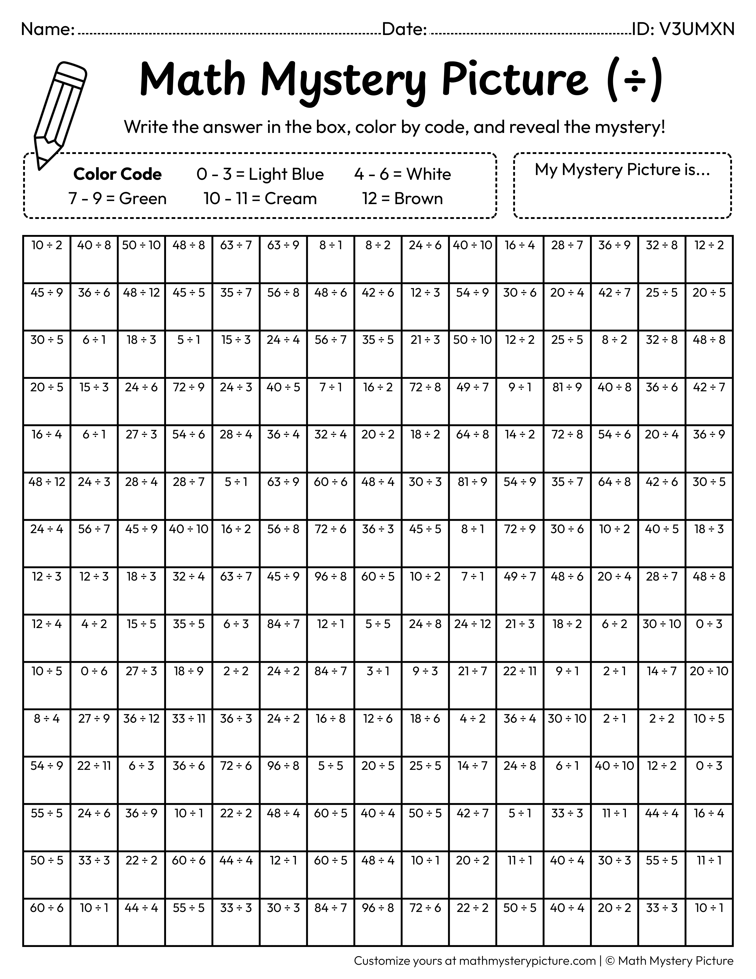 Summer Coconut Tree Division Facts Math Mystery Picture Coloring Worksheet