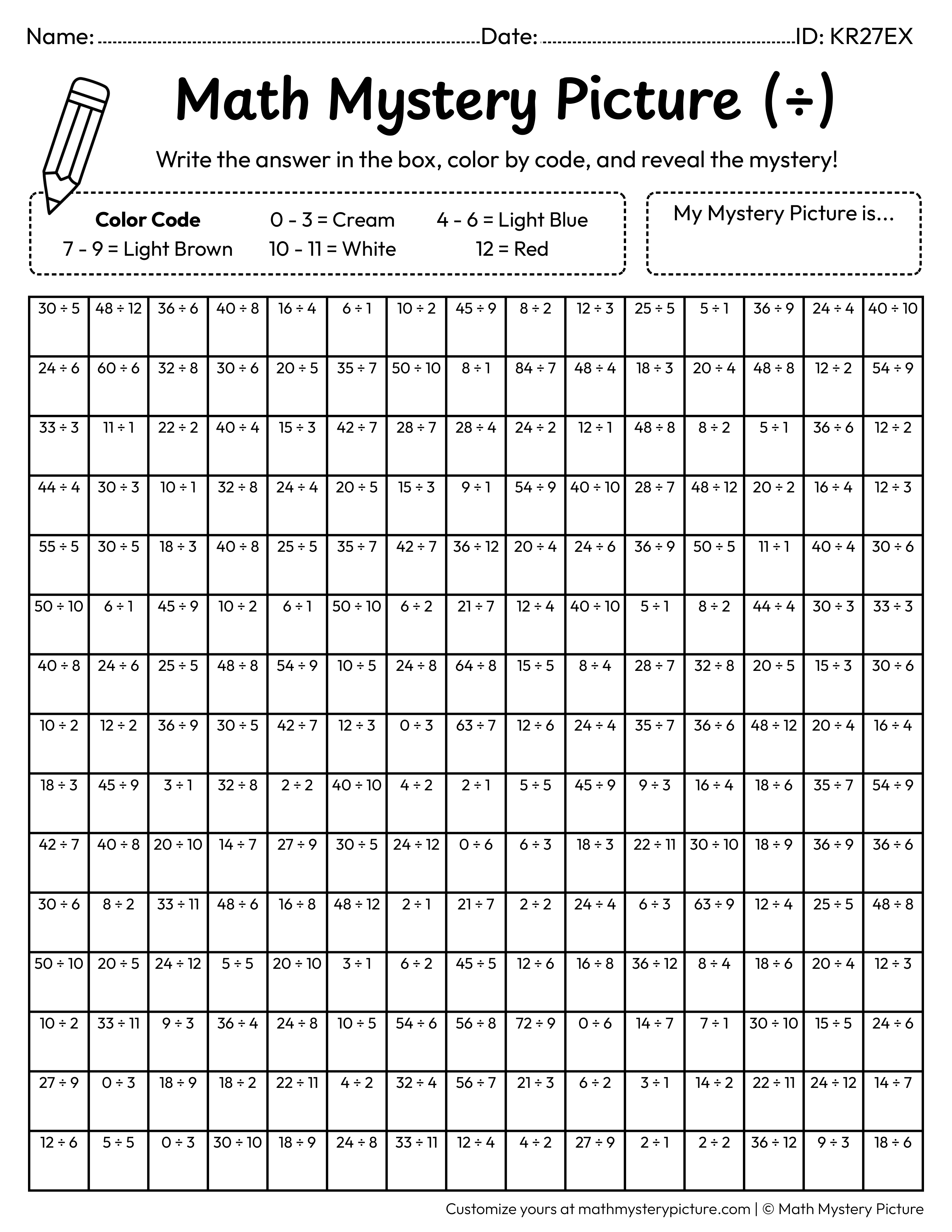 Summer Sandcastle Division Facts Math Mystery Picture Coloring Worksheet