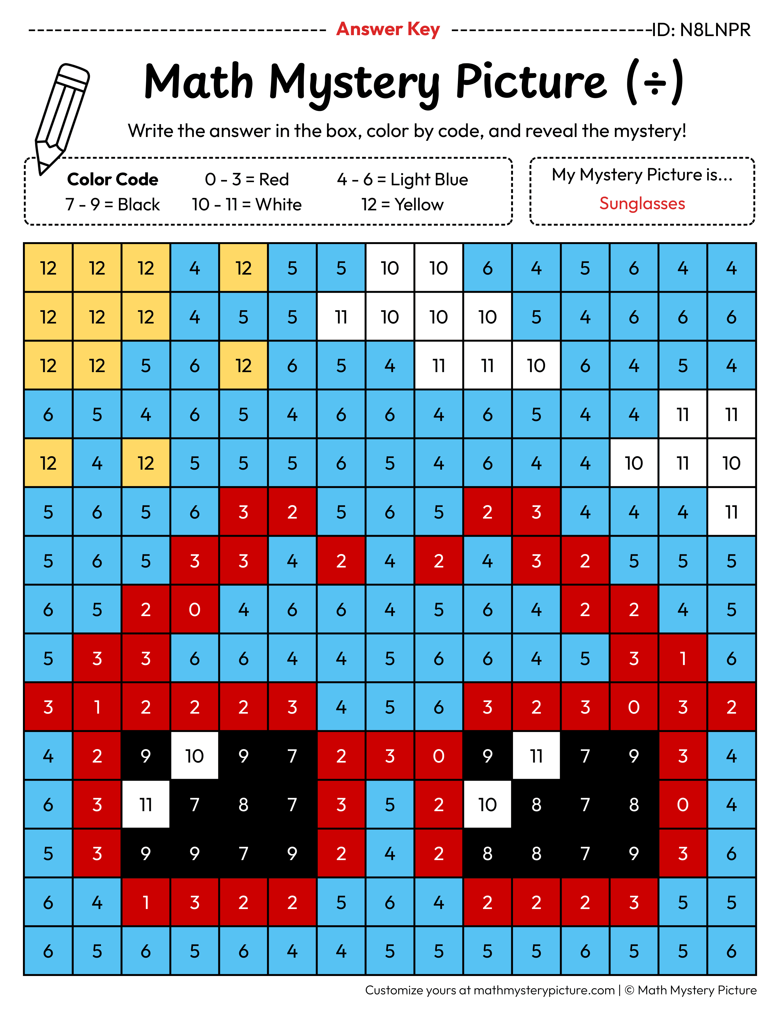 Summer Sunglasses Division Facts Math Mystery Picture Color by Number Answer Key