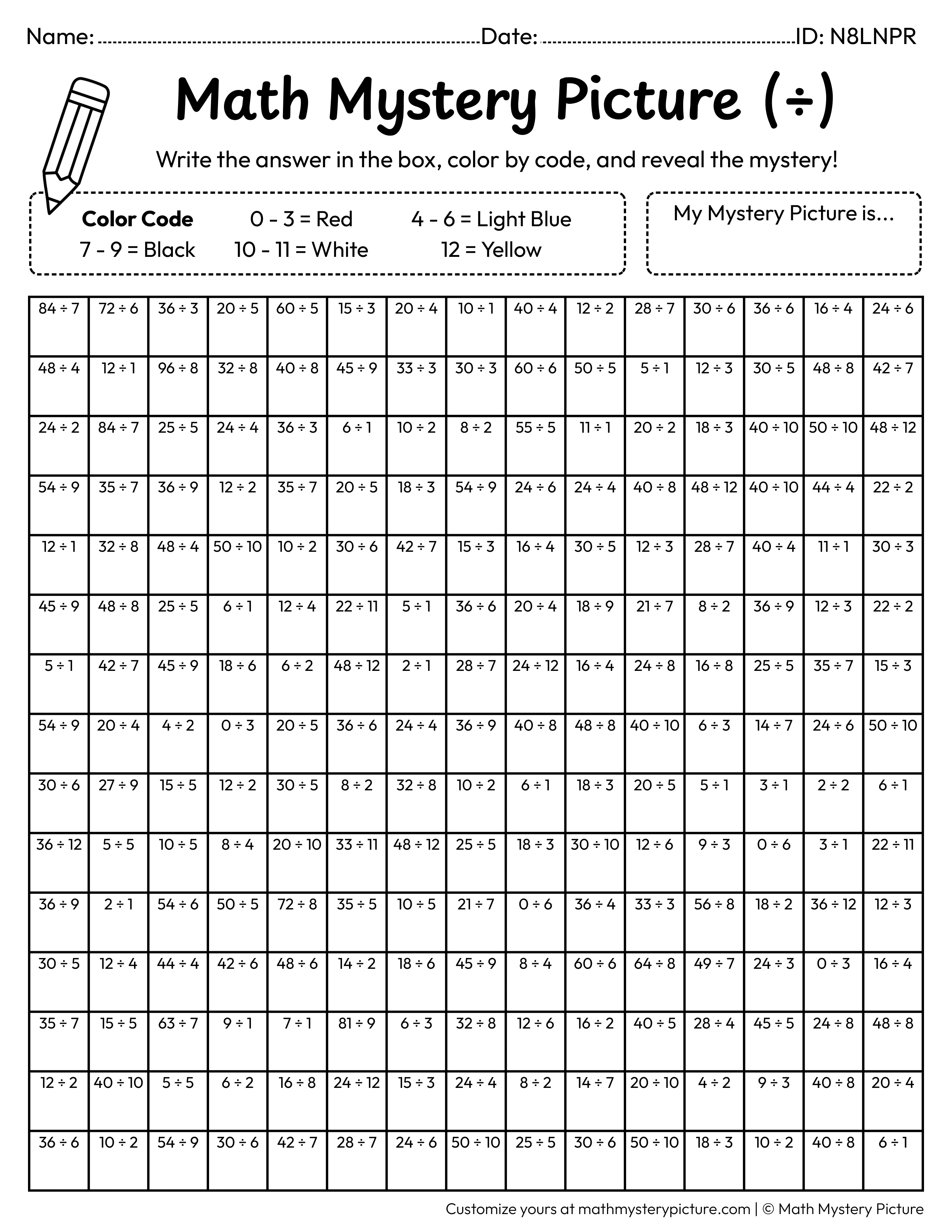 Summer Sunglasses Division Facts Math Mystery Picture Coloring Worksheet