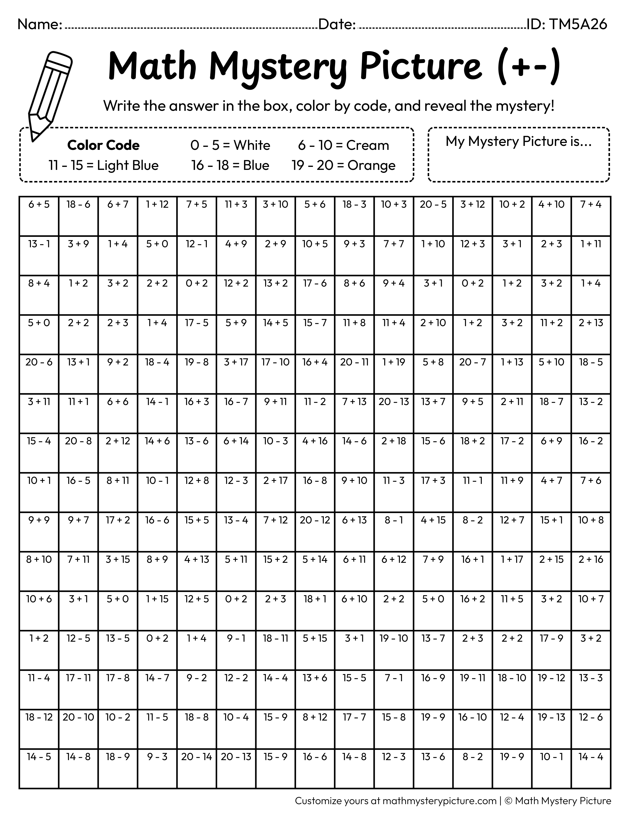 Summer Beach Umbrella Mixed Addition and Subtraction Within 20 Math Mystery Picture Coloring Worksheet