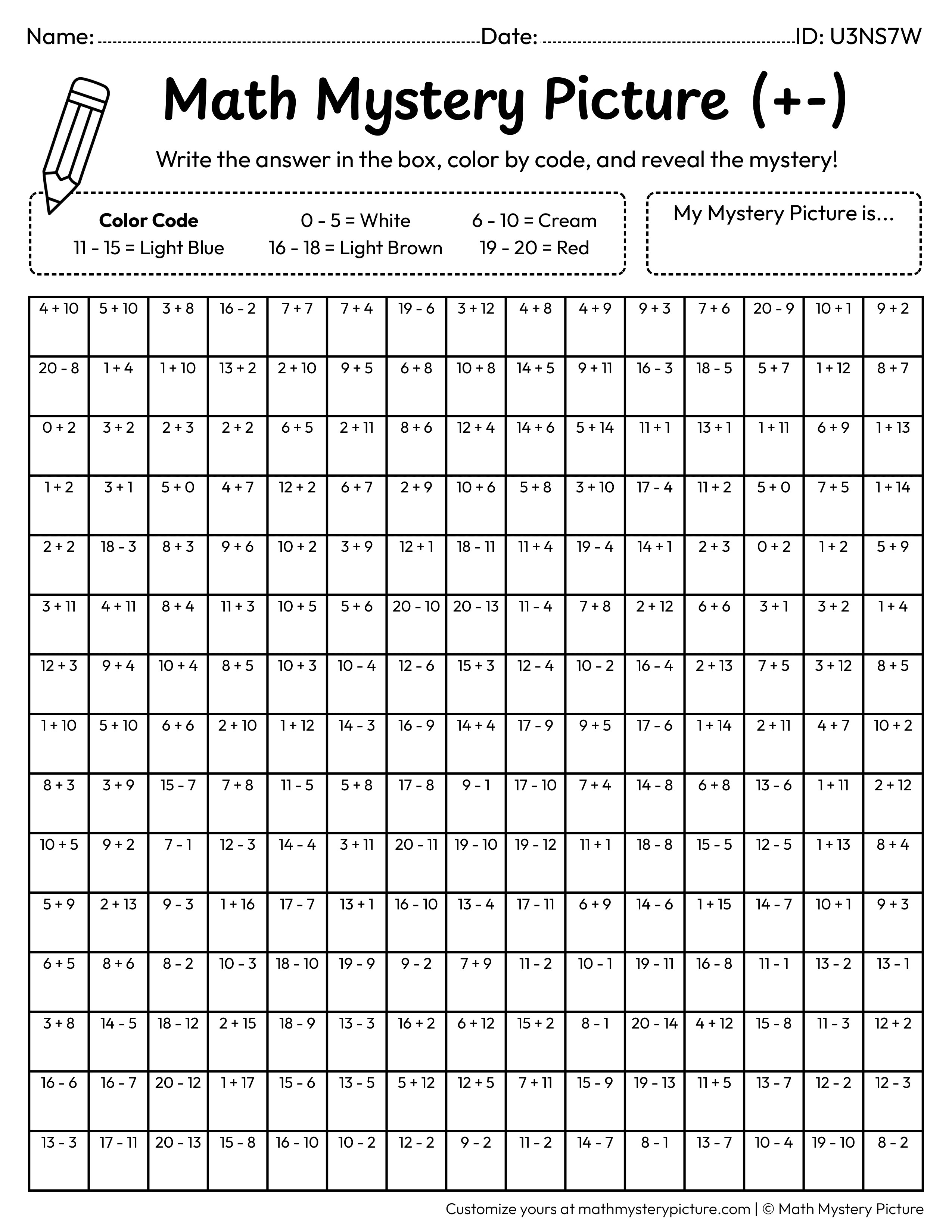 Summer Sandcastle Mixed Addition and Subtraction Within 20 Math Mystery Picture Coloring Worksheet