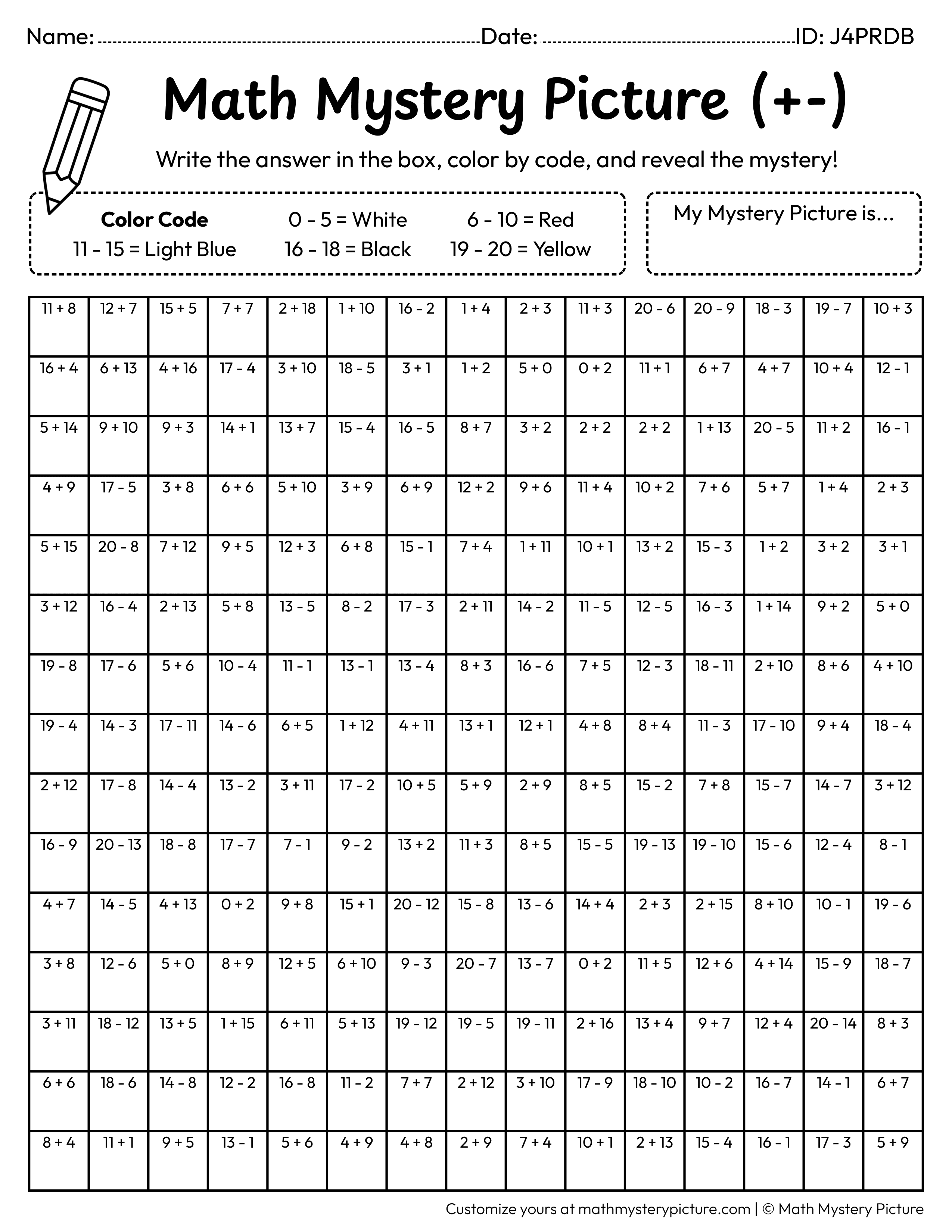 Summer Sunglasses Mixed Addition and Subtraction Within 20 Math Mystery Picture Coloring Worksheet
