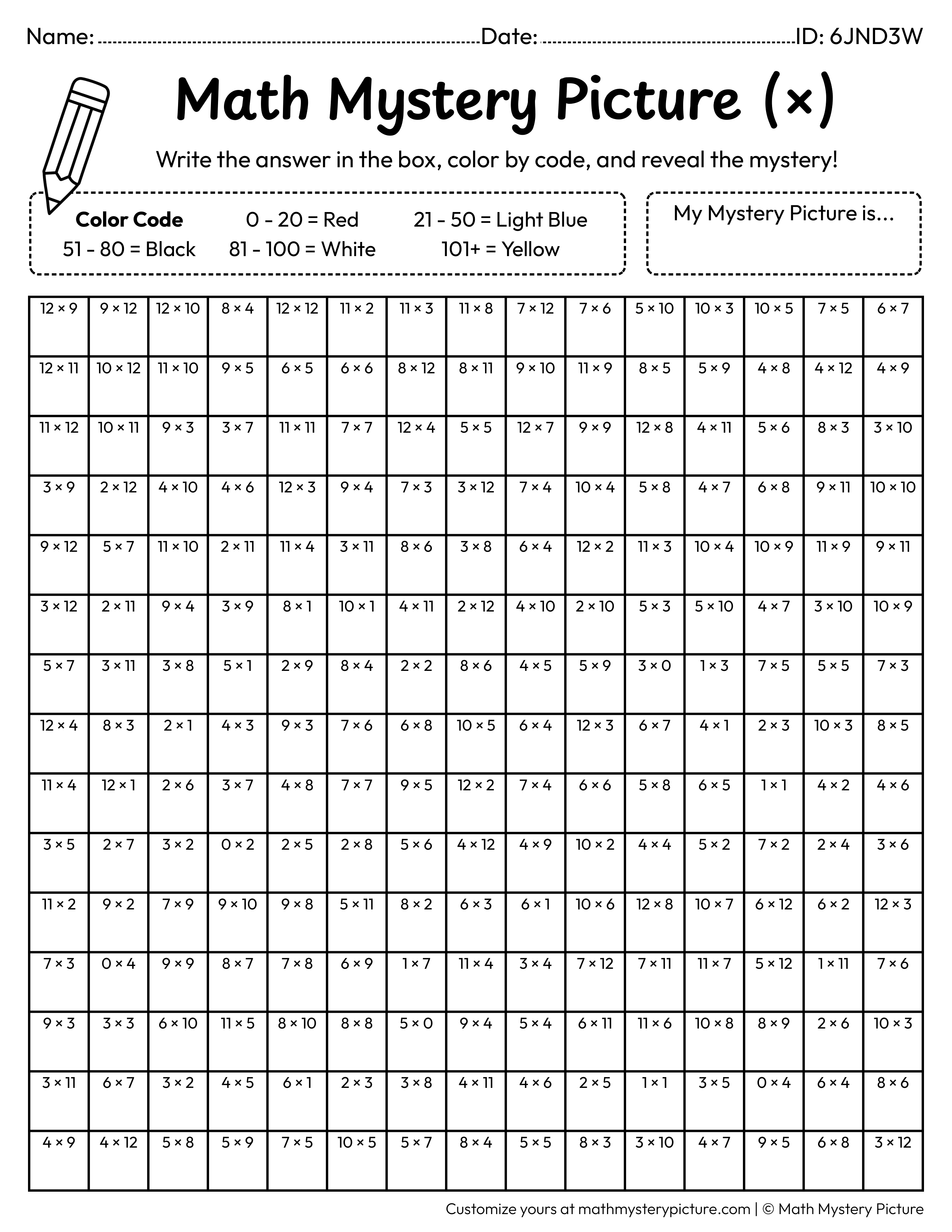 Summer Sunglasses Multiplication Facts Math Mystery Picture Coloring Worksheet
