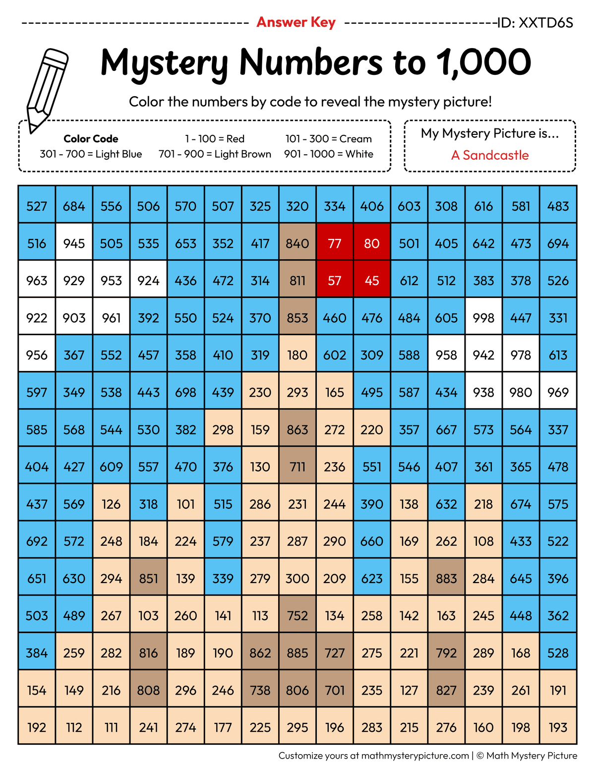 Summer Sandcastle Numbers to 1,000 Math Mystery Picture Color by Number Answer Key