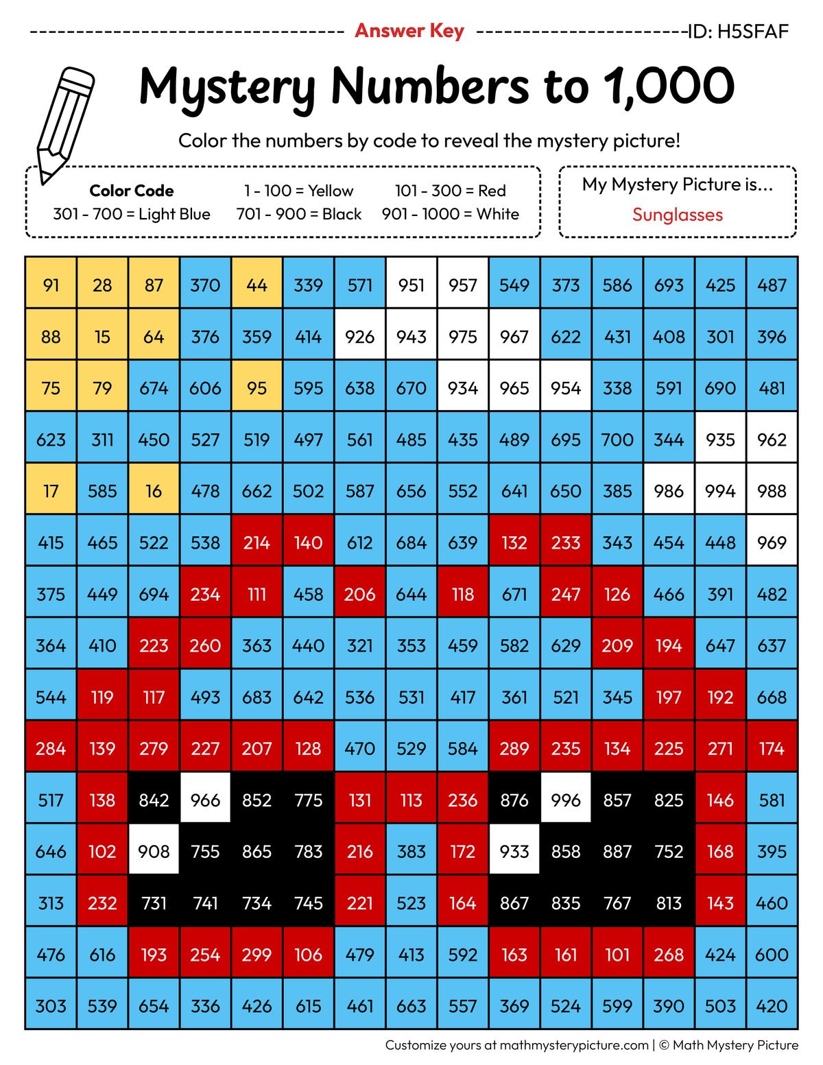 Summer Sunglasses Numbers to 1,000 Math Mystery Picture Color by Number Answer Key