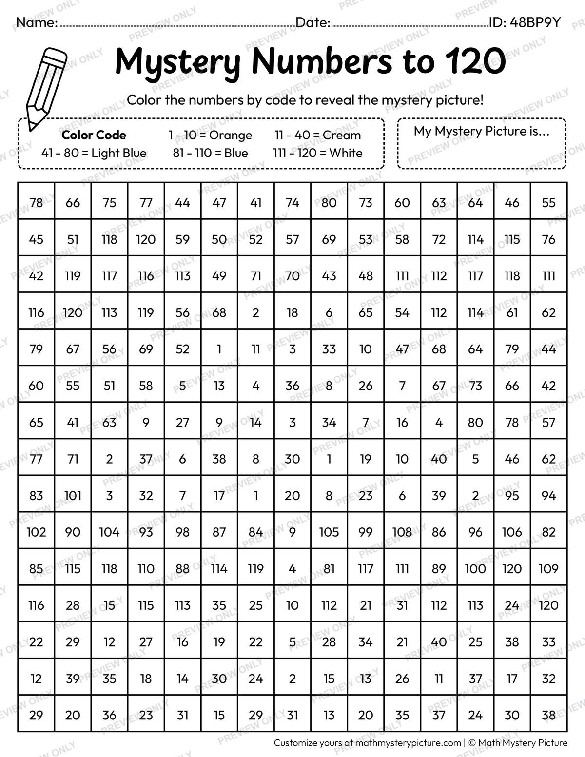 Summer Beach Umbrella Numbers to 120 Math Mystery Picture Coloring Worksheet