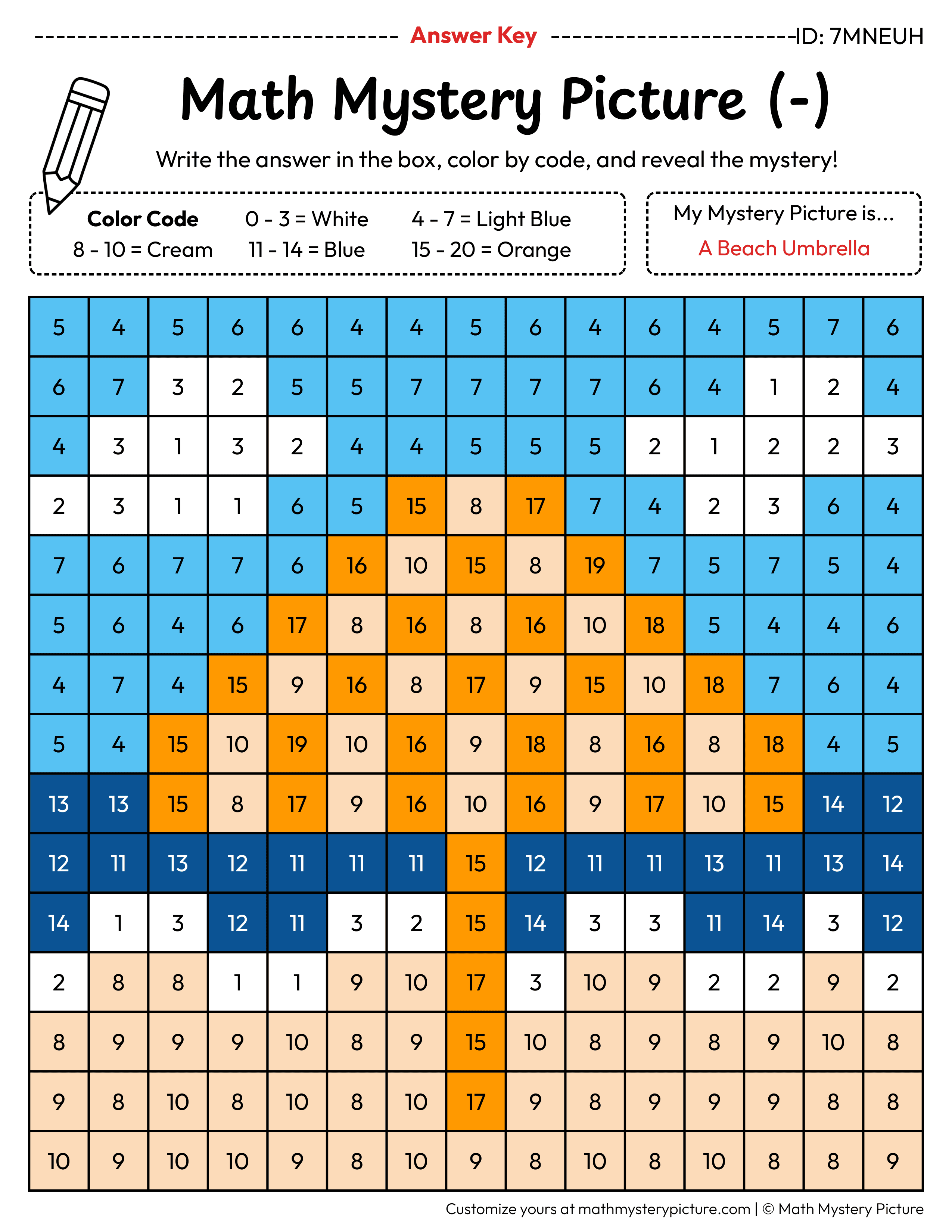 Summer Beach Umbrella Subtraction Within 20 Math Mystery Picture Color by Number Answer Key
